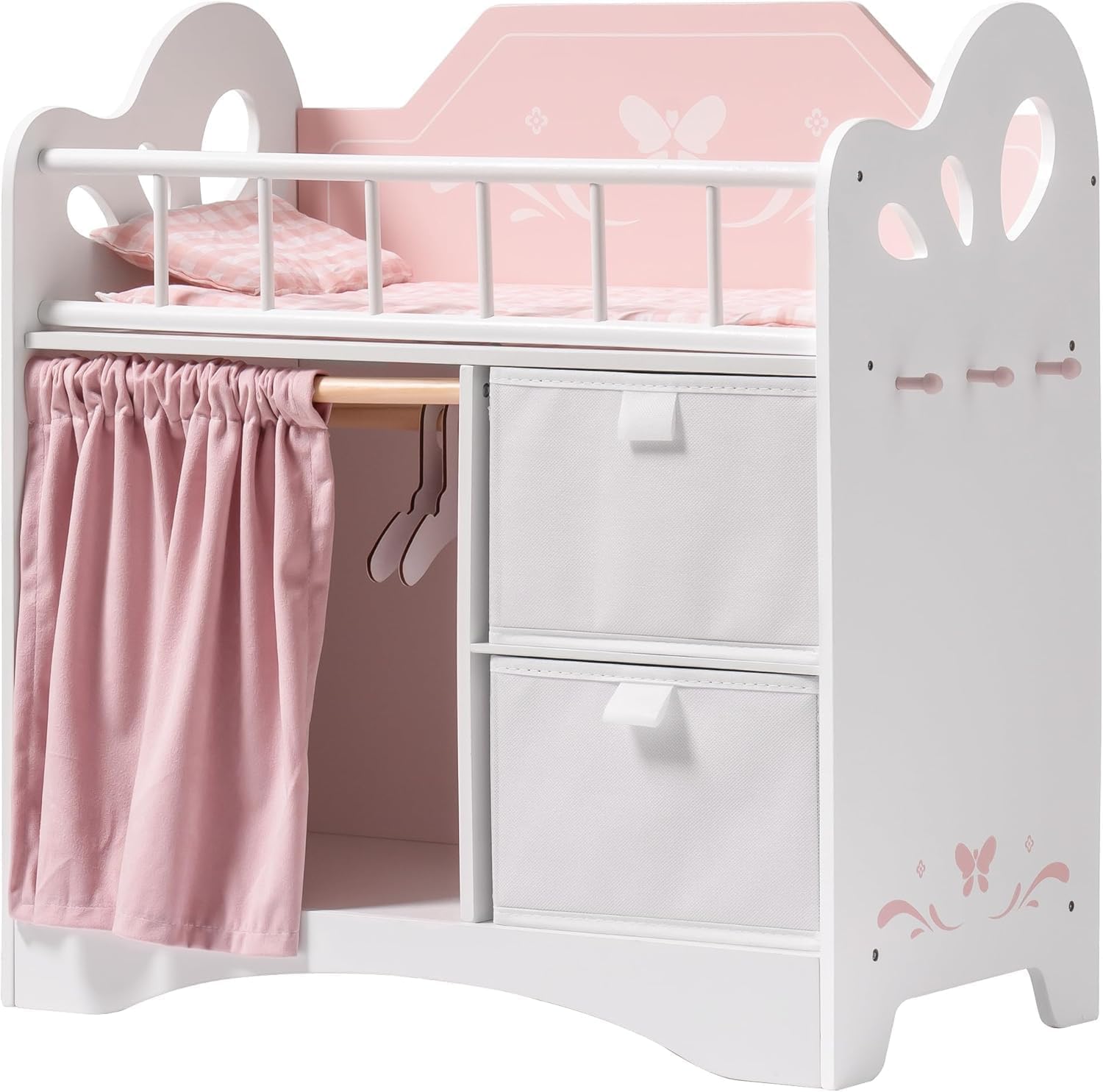 ROBUD Baby Doll Crib, Wooden Doll Bed with Storage and Bedding, of Toy Baby Crib to Kids, Pink Baby Doll Beds Suit for Dolls Under 22 Inches