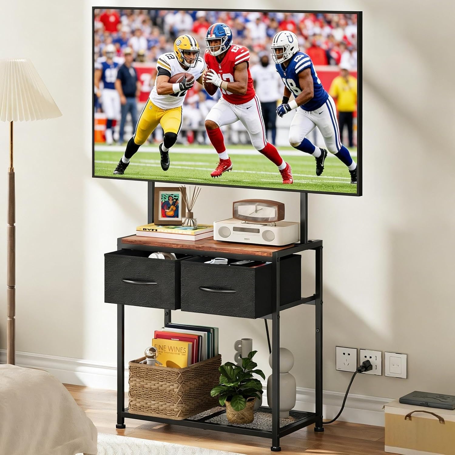 23-50 Inch Corner TV Stand with Mount and 2 Fabric Drawers, Floor Small TV Stand for Bedroom Living Room, Entertainment Center with Storage Shelves, Television Stands TV Console Table, Black & Brown