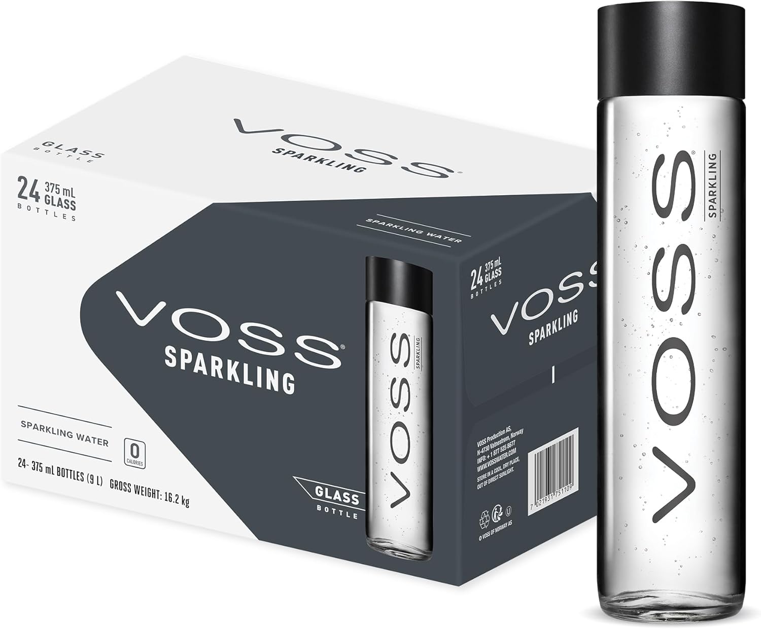 VOSS Sparkling Water, Pack of 24 x 375ml VOSS Original Glass Bottles, Natural Mineral Water