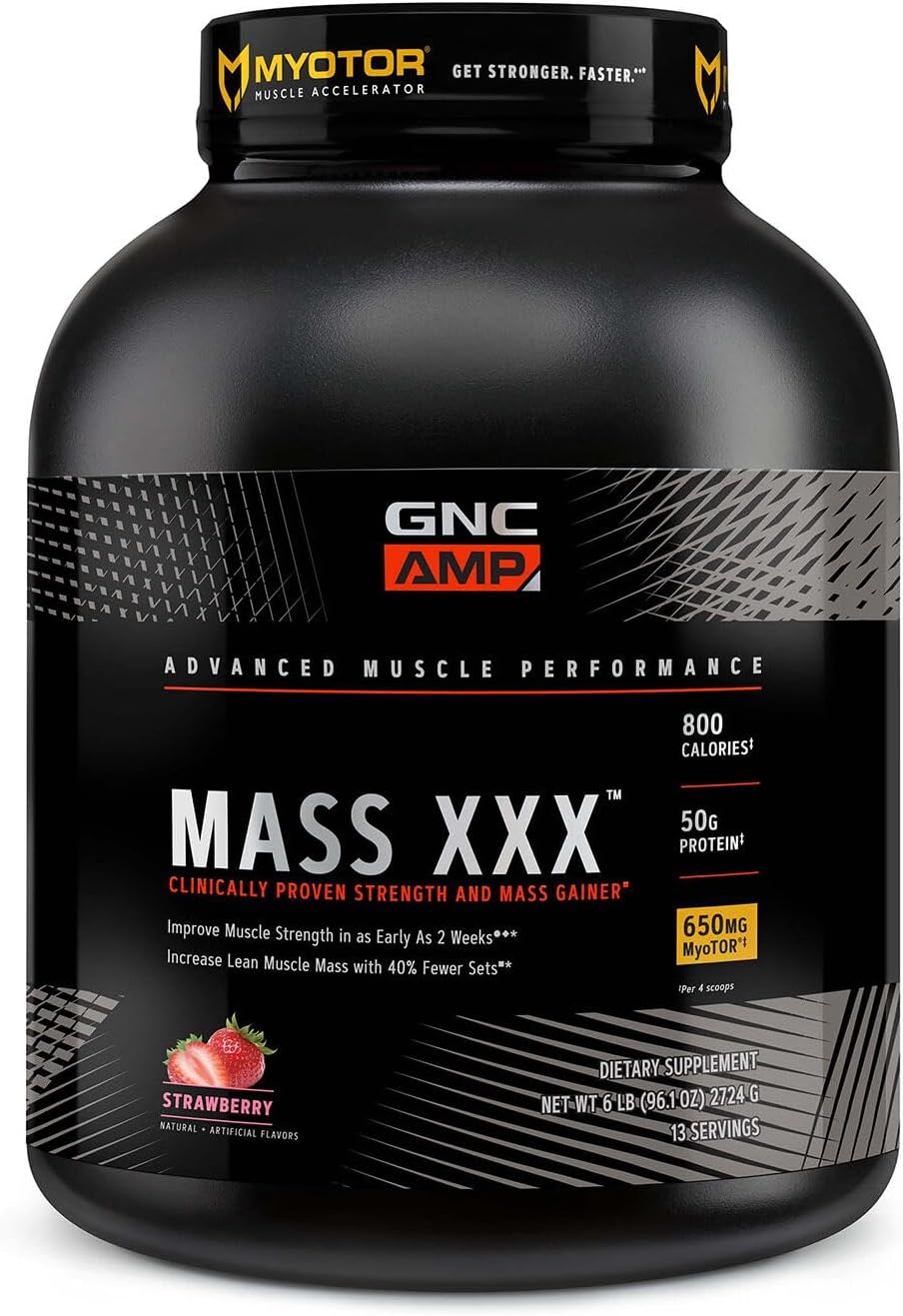 GNC AMP Mass XXX, Clinically Proven Weight Gainer Protein Powder, Improves Strength and Size, 780 Calories, 50g Protein, Micronized Amino Acids, Creatine, Betaine, Strawberry, 13 Servings, 6 Pounds