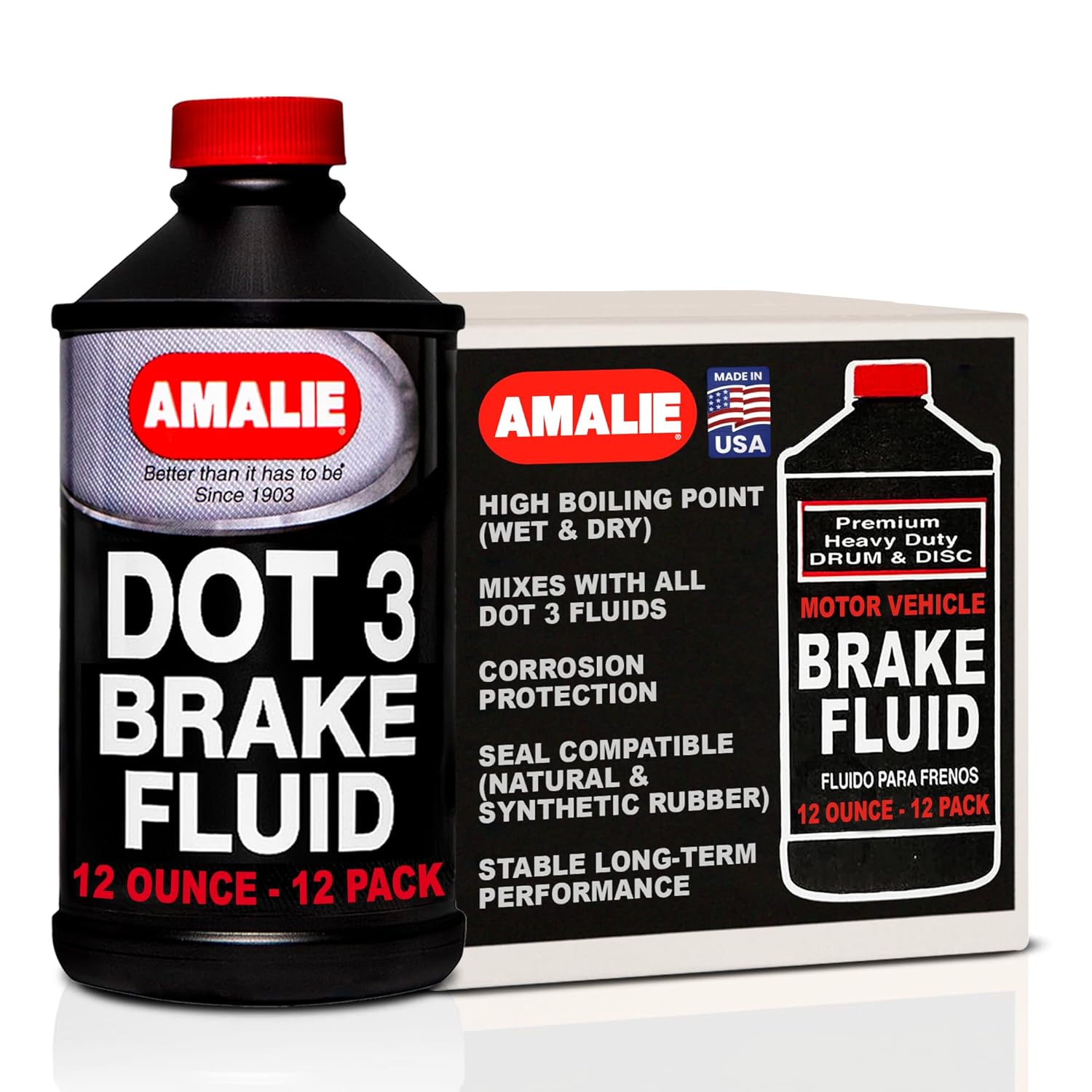 AMALIE DOT 3 Brake Fluid 12oz (160-65031-92), Heavy Duty Drum & Disc Brake Fluid for Cars, Trucks & Motorcycles with Corrosion Protection & Long-Term Stability, Made in USA, Pack of 12
