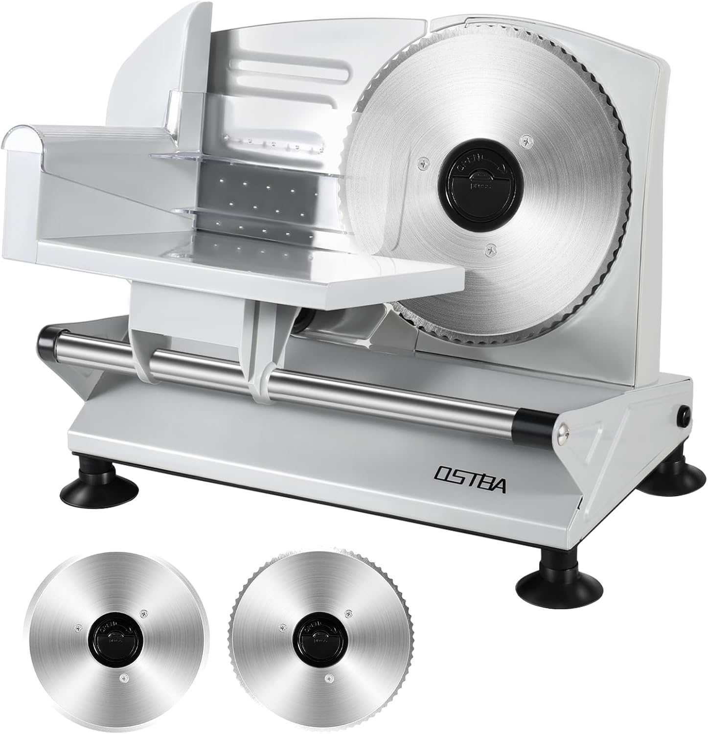 OSTBA Meat Slicer Machine, Two 6.7” Removable Stainless Steel Blades and Food Carriage, 150W Electric Deli Food Slicer for Home Use, Easy to Clean, 0-15mm Adjustable Thickness for Meat, Cheese, Bread