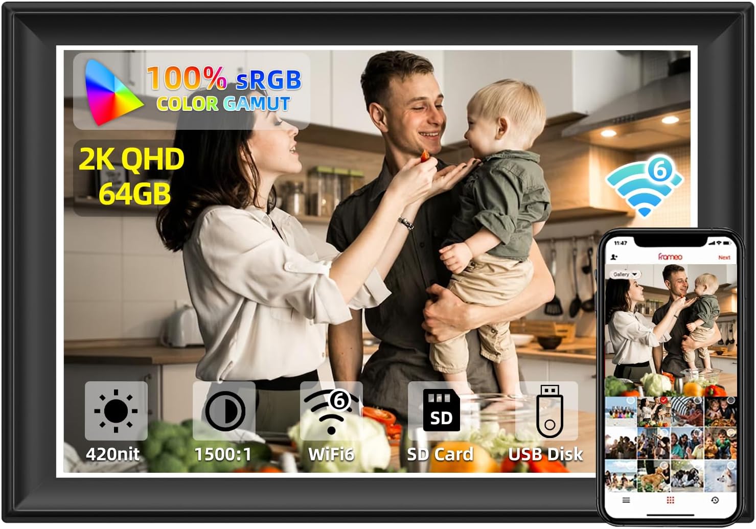 2K 64GB 11inch Digital Picture Frame WiFi6&5G Digital Photo Frame 1920x1280 FHD IPS Touch Screen 100% sRGB,Share Photos & Videos via Frameo App, Extend Storage by SD Card and USB Drive,Clock,Weather