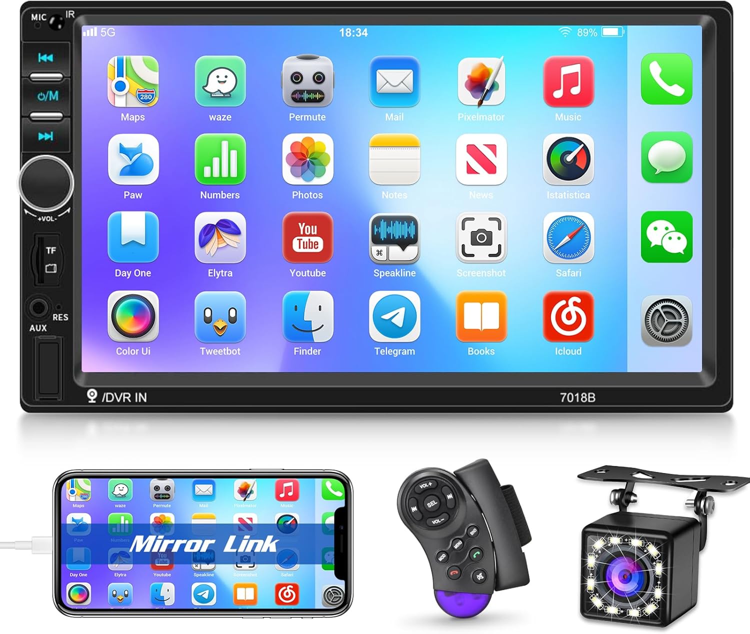 NHOPEEW Double Din Bluetooth Car Stereo - 7 Inch HD Touch Screen Car Radio - Mirror Link/Bluetooth Music/FM/EQ Audio/Seven Color Backlight/USB + 12 LEDs Backup Camera