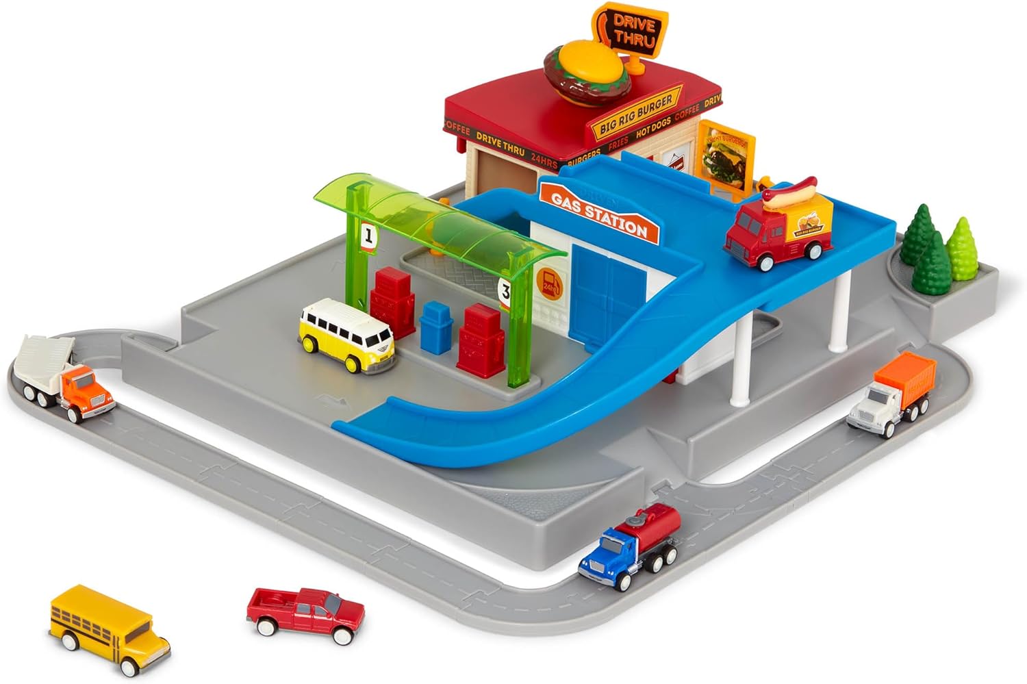 Driven by Battat – 25-Piece Drive-Thru Playset with Mini Car Track – Includes Food Truck, School Bus, Pickup, Camper Van & More – Imaginative Vehicle Toy for Kids Ages 3+