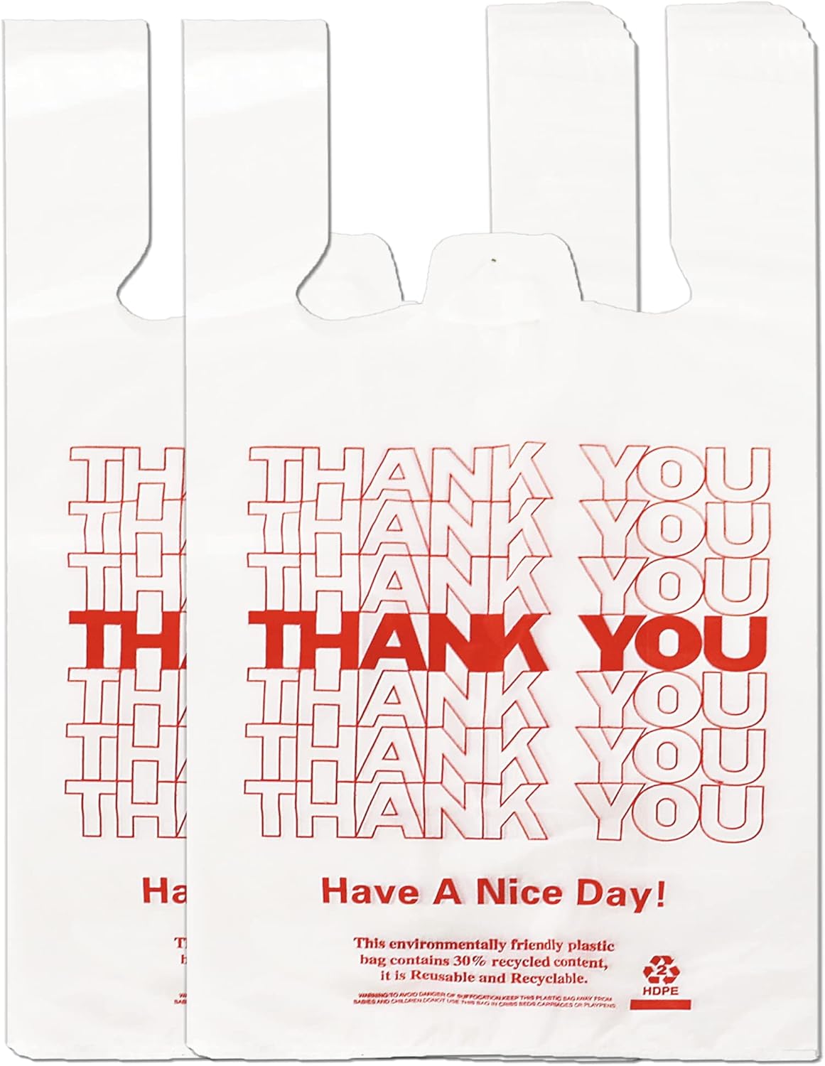 YoYoRain White Thank you T shirt bag, Grocery shopping bag Reusable and Disposable Supermarket Bag 11''x6''x21'' 100PCS