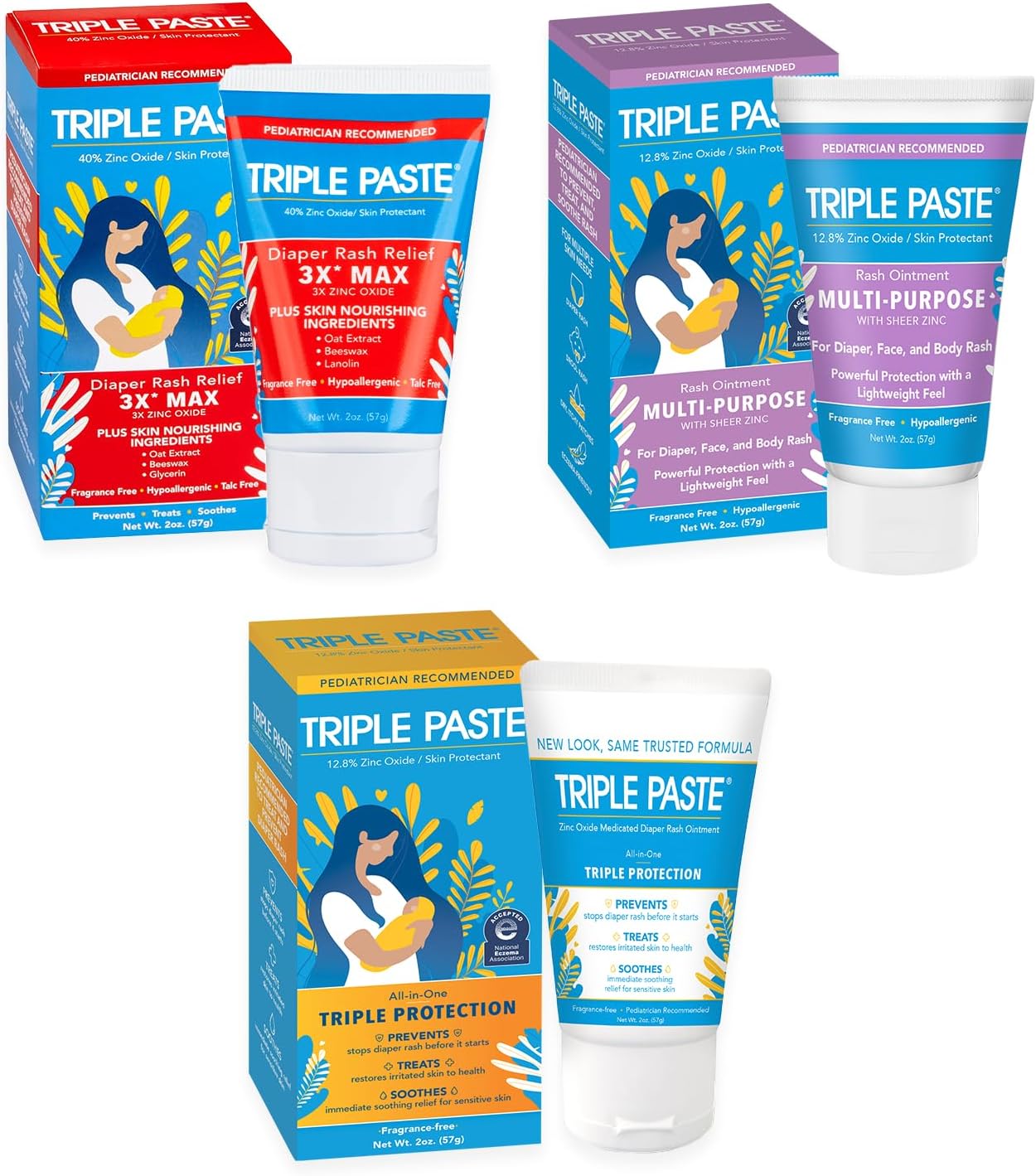 Triple Paste Gift Bundle: Diaper Rash Cream 2 oz Ointment, 3X Max Strenth 2 oz Ointment, & Sheer Zinc 2 oz Ointment Trio Kit