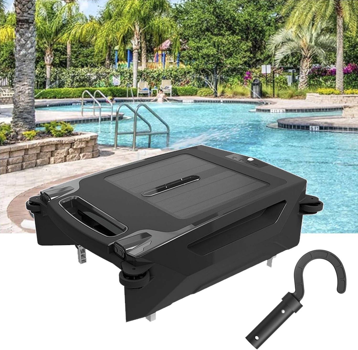 Robotic Solar Pool Skimmer Cleaner, 80㎡ 450um Cordless Pool Skimmer for Pools Speed 5-10 m/min Automatic Pool Cleaning Robot, Dual Charging 2500mAh Battery