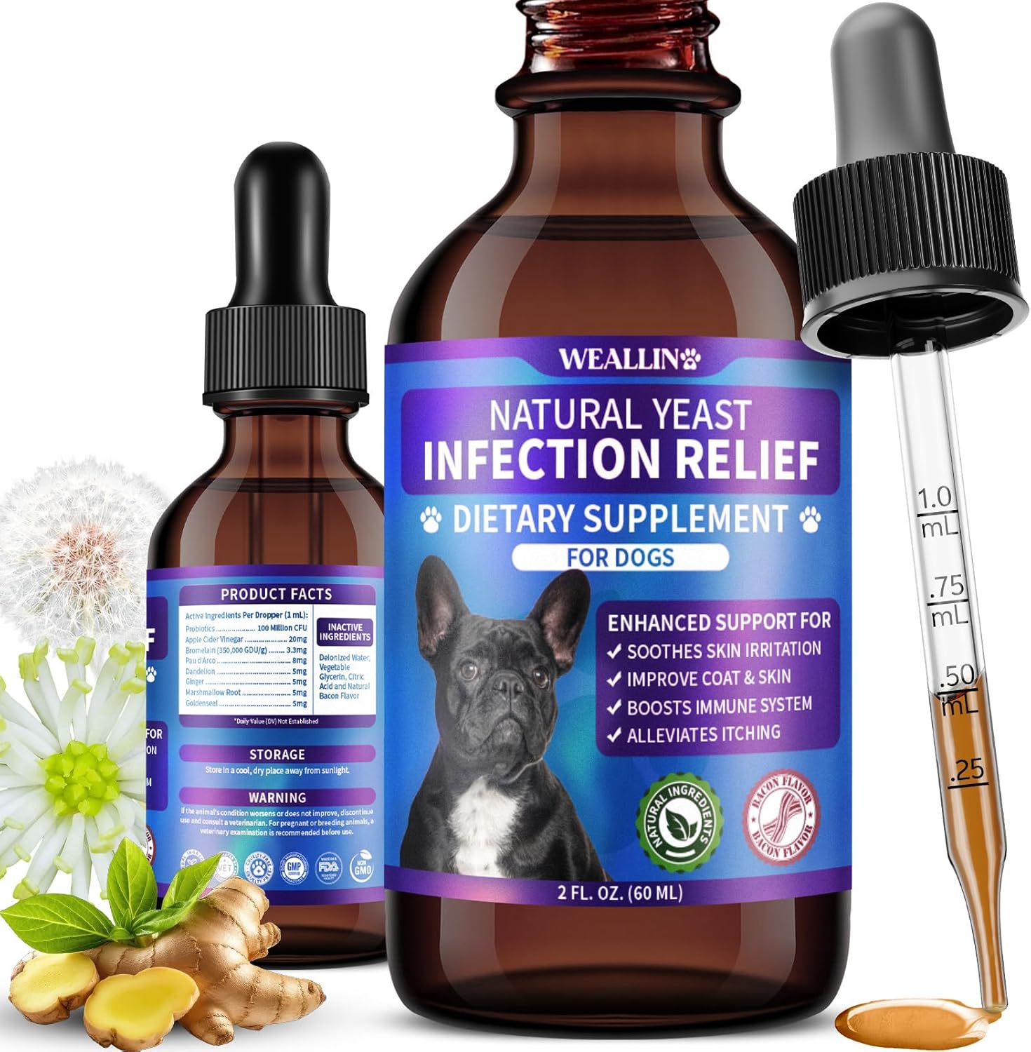 Natural Yeast Infection Treatment for Dogs | Probiotic-Powered Drops with 8-Herbal Blend | Supports Skin, Ears, Allergy Relief | Dog Yeast Infection Treatment Oral Supplement | Bacon-Flavored