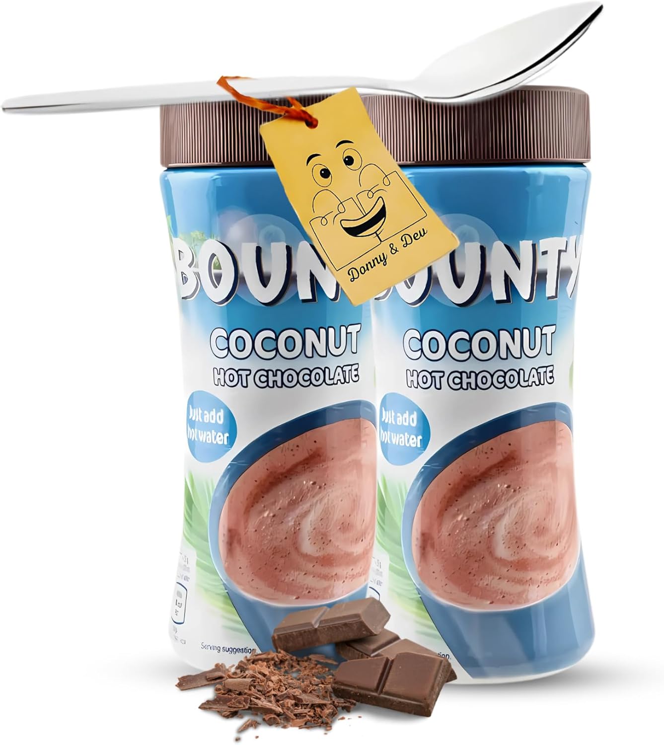 Instant Hot Chocolate Bundle Includes: 2x Bounty Coconut Hot Chocolate (250g of each) Bounty Chocolate Powder Drink bundled with 1x Stainless Little Spoon (Coffee Spoon/Tea Spoon) by Donny & Dev