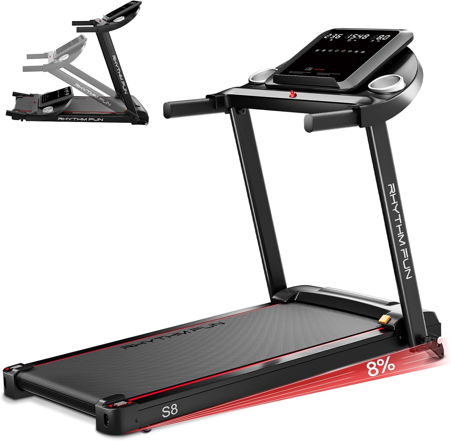 RHYTHM FUN 8.0 MPH Treadmills for Home, Running Walking Pad Treadmill with Incline up to 8%, Foldable Treadmill with Handle Bar, Low Noise Walking Pad for 300 lbs