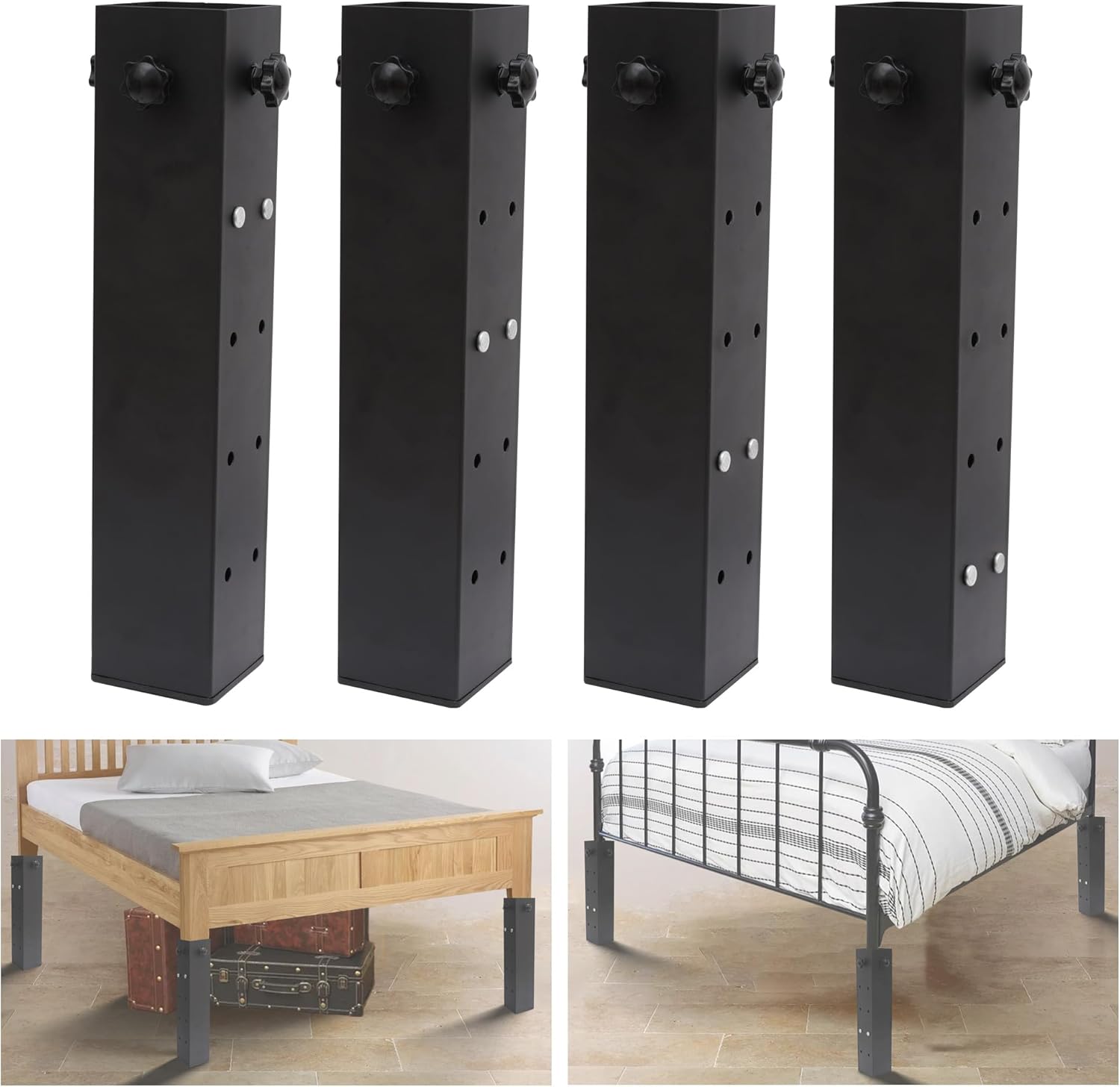 4 Pack 3.15" Diameter Carbon Steel Bed Risers Heavy Duty Metal, Adjustable to 3.2", 5.1", 8.1" or 11.2" Heights, fit College Dorm Square Wooden Bed Frames, Tables (Black)