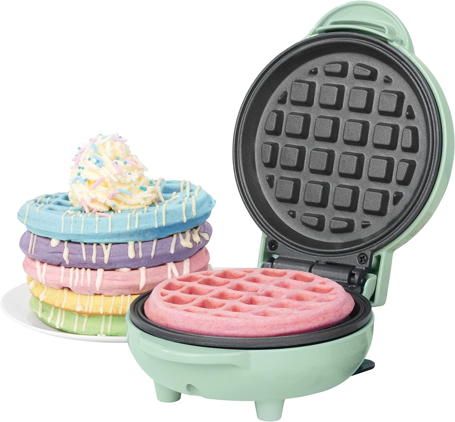 Giles & Posner EK4214GSGR Mini Waffle Maker – Non-Stick Waffle Iron Machine, For Belgian & American Style Waffles, Sweet/Savoury Snacks Desserts, Compact, 11.5 cm Round Cooking Plate, Pastel Green
