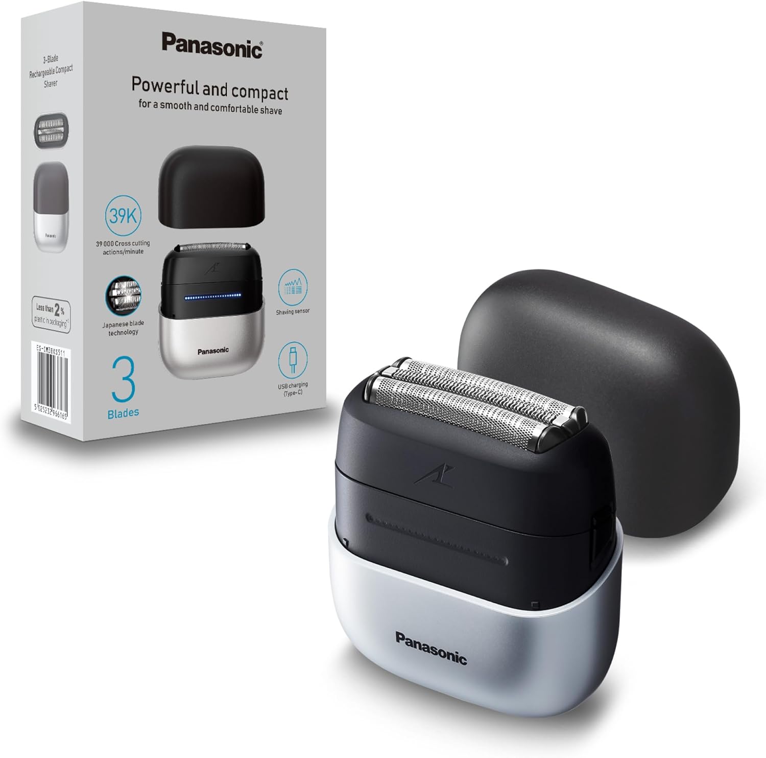 Panasonic ES-CM3BKS511 Series 700 3-Blade Compact Shaver, Wet & Dry Electric Shaver for Men, Beard Sensor, IPX7 Waterproof, USB-C Charging, AC USB Power Adaptor, Black