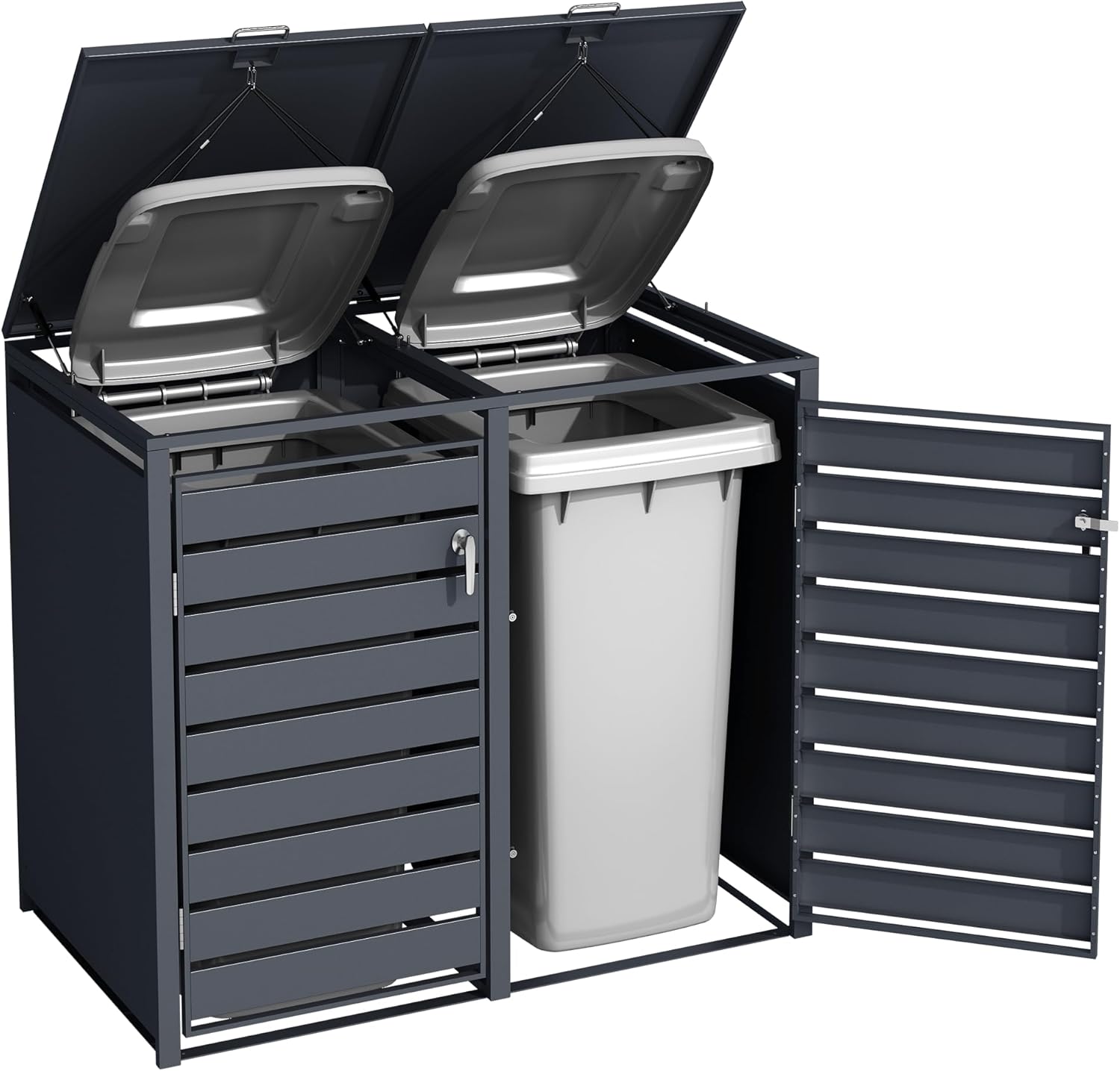DWD Garden Double Wheelie Bin Hideaway 120L,240L Waste Bin,Storage Shed w/Locking Doors Assisted lift up Lid easy use Outdoor Hygienic Dustbin Cover Powdercoated Steel Matt Grey/Grey Slatted Doors