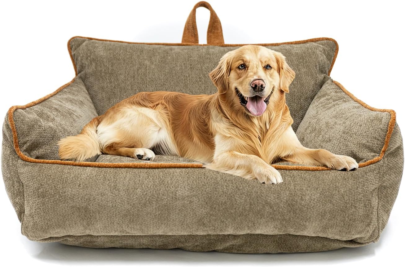 Large Orthopedic Dog Sofa Bed with Sides, Carry Handle & Side Pockets .Plush Chenille Orthopedic Pet Bed Couch for Large Dogs.Portable Snuggler for Indoor Use, Travel & Recovery(Brown)