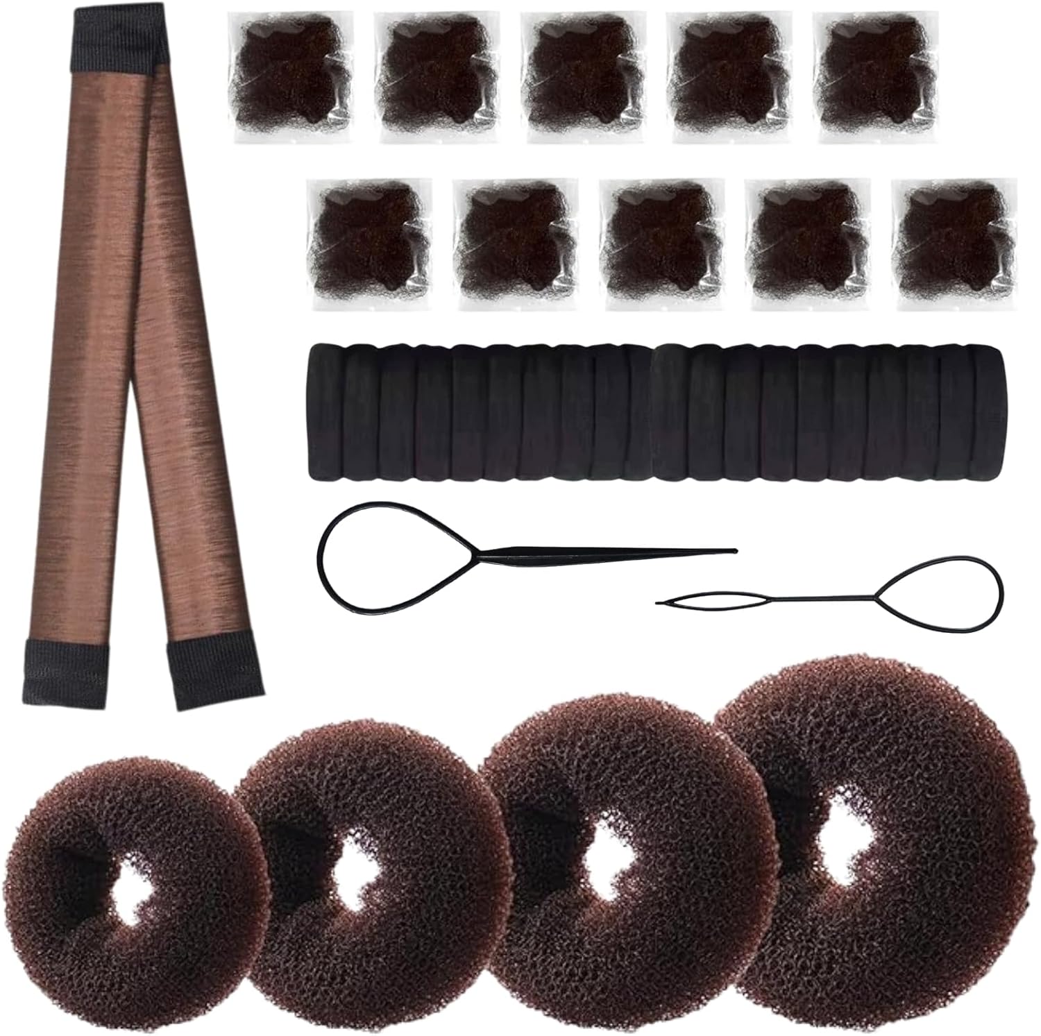 KEYRI 37 PCS Hair Bun Maker Set Hair Donut Brown Hair Nets for Buns Hair Bun Shaper for DIY Hair Styles Hair Braider Gadgets for Women Hair Braiding Kit Doughnuts for Women and Girls (Brown)