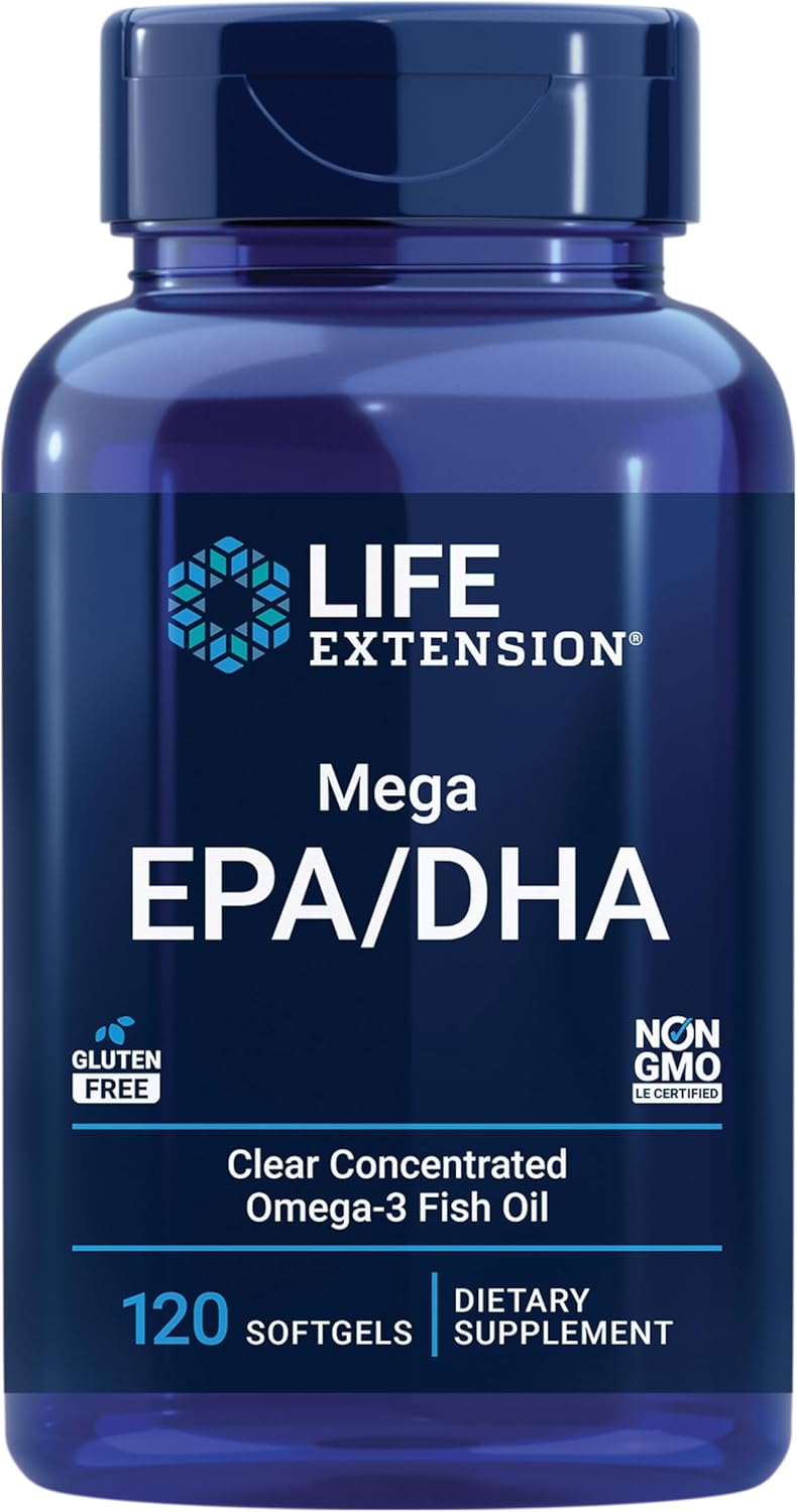 Life Extension Mega EPA/DHA, Omega-3 Fatty acids, Heart & Brain Health, Non-GMO, Gluten-Free, 120 softgels