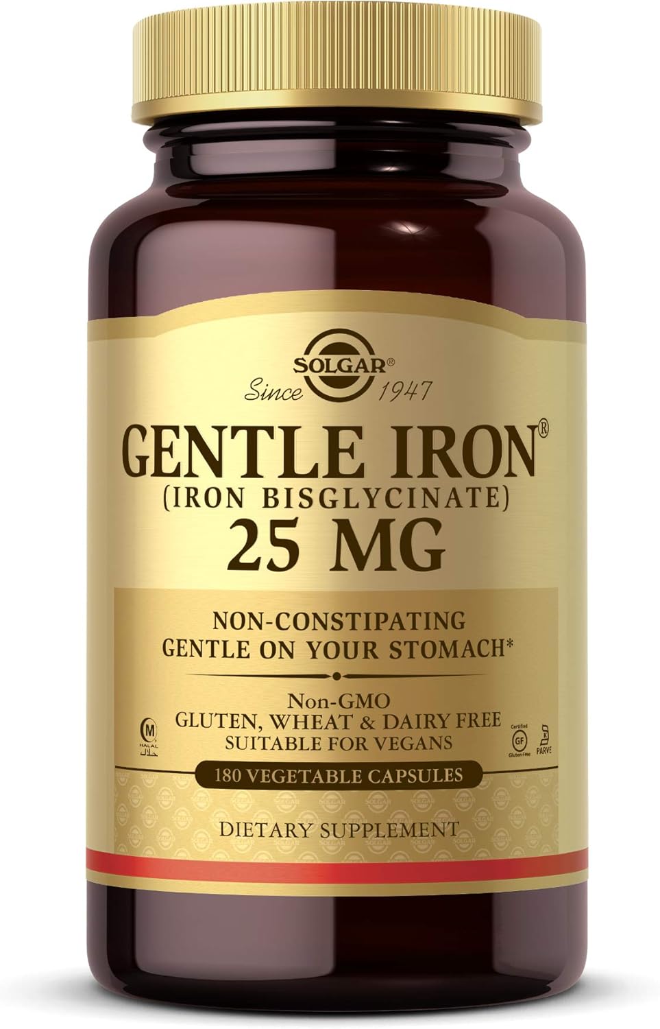 Solgar Gentle Iron - Ideal for Sensitive StomachsRed Blood Cell Supplement, , Non Constipating & GMO, Vegan, Gluten & Dairy Free, Kosher - 180 Servings, Unflavored, 180 Count