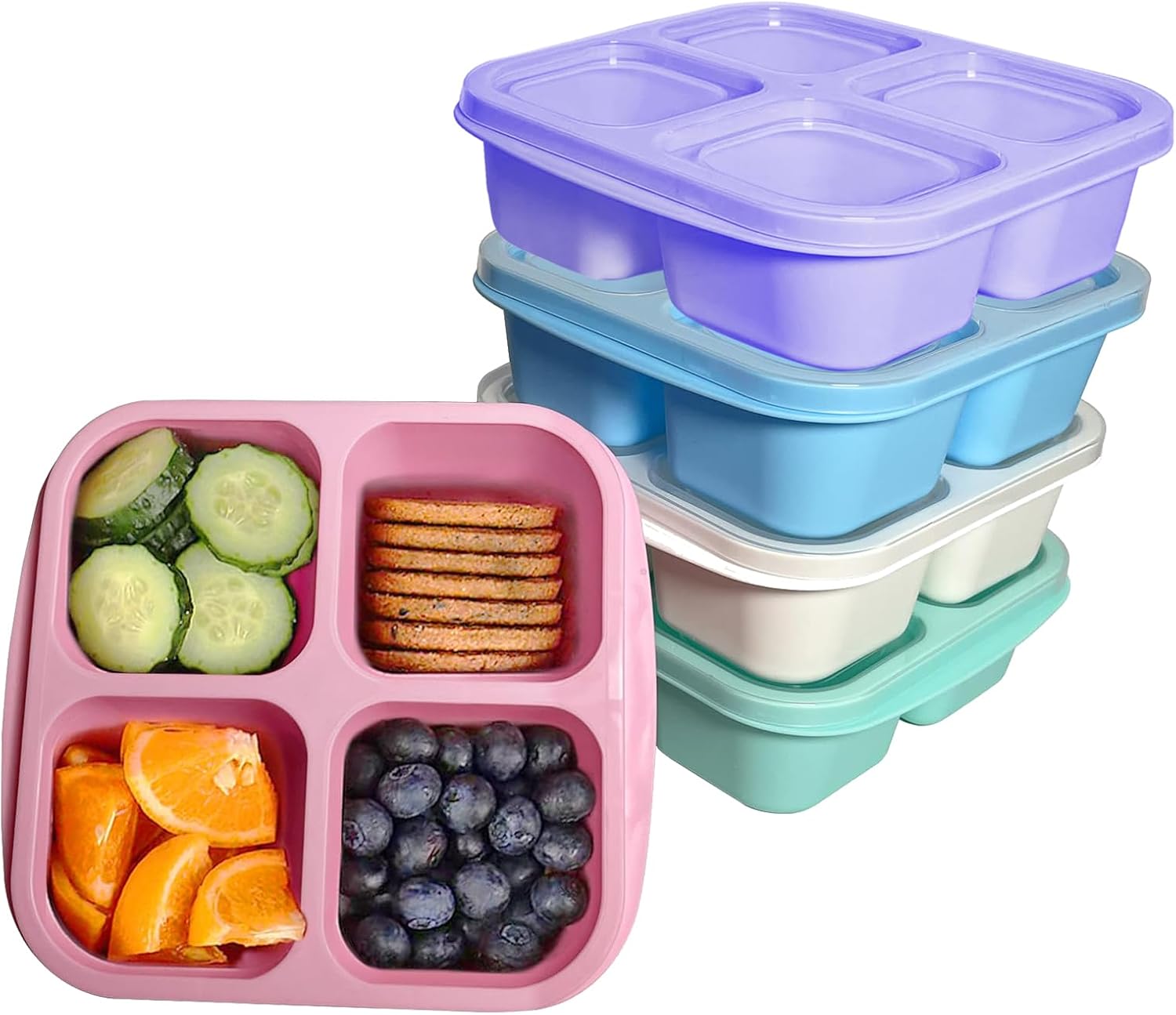 MEEYUU 5 PCS Bento Snack Containers, 4 Compartments Bento Snack Box, Reusable Meal Prep Lunch Containers for Kids Adults, Divided Food Storage Containers for School Work Travel (5 Colors)