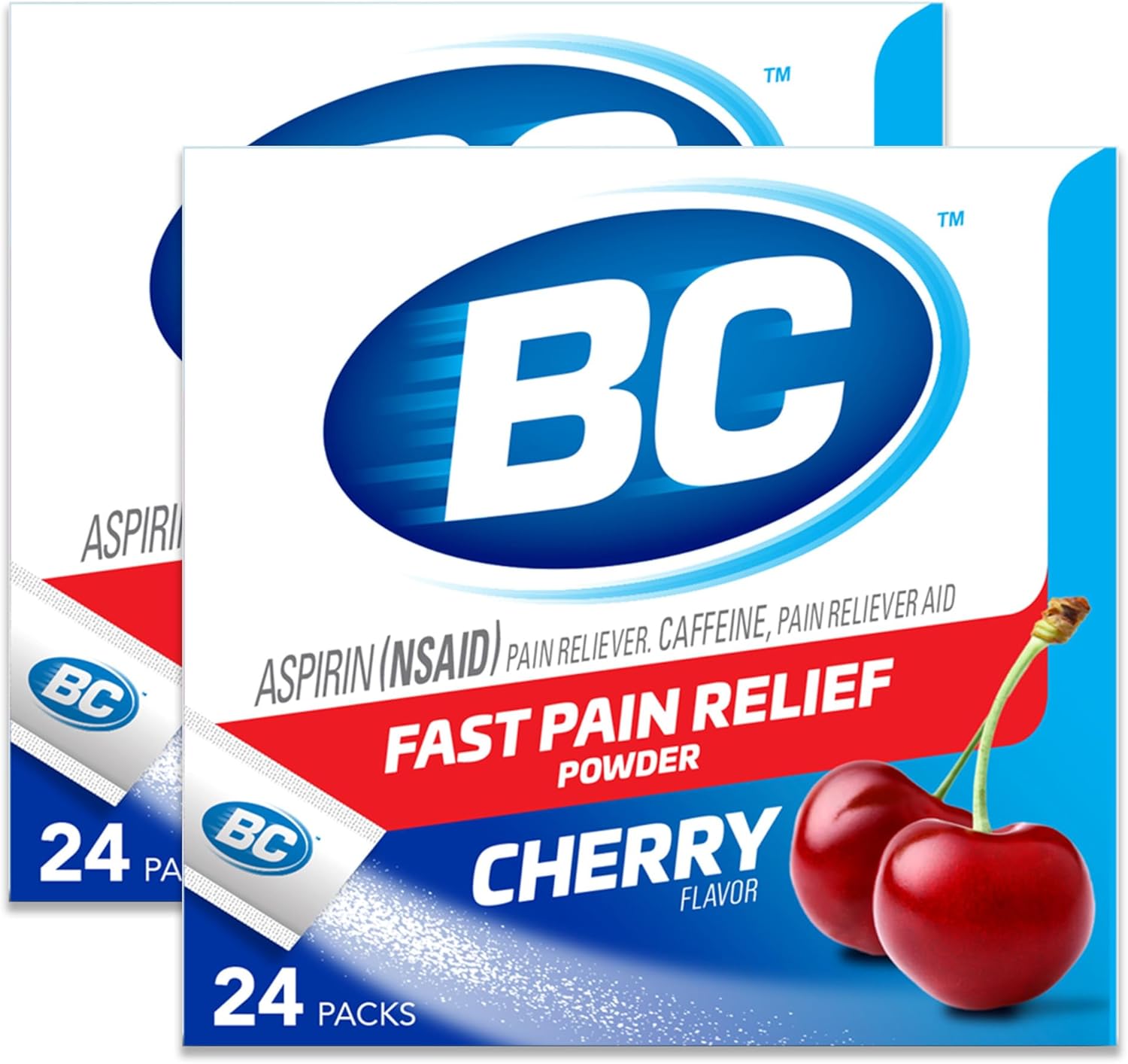 BC Powder Pain Reliever, Cherry Flavor Aspirin Dissolve Packs, 24 Count Powder Packets (2 Pack)
