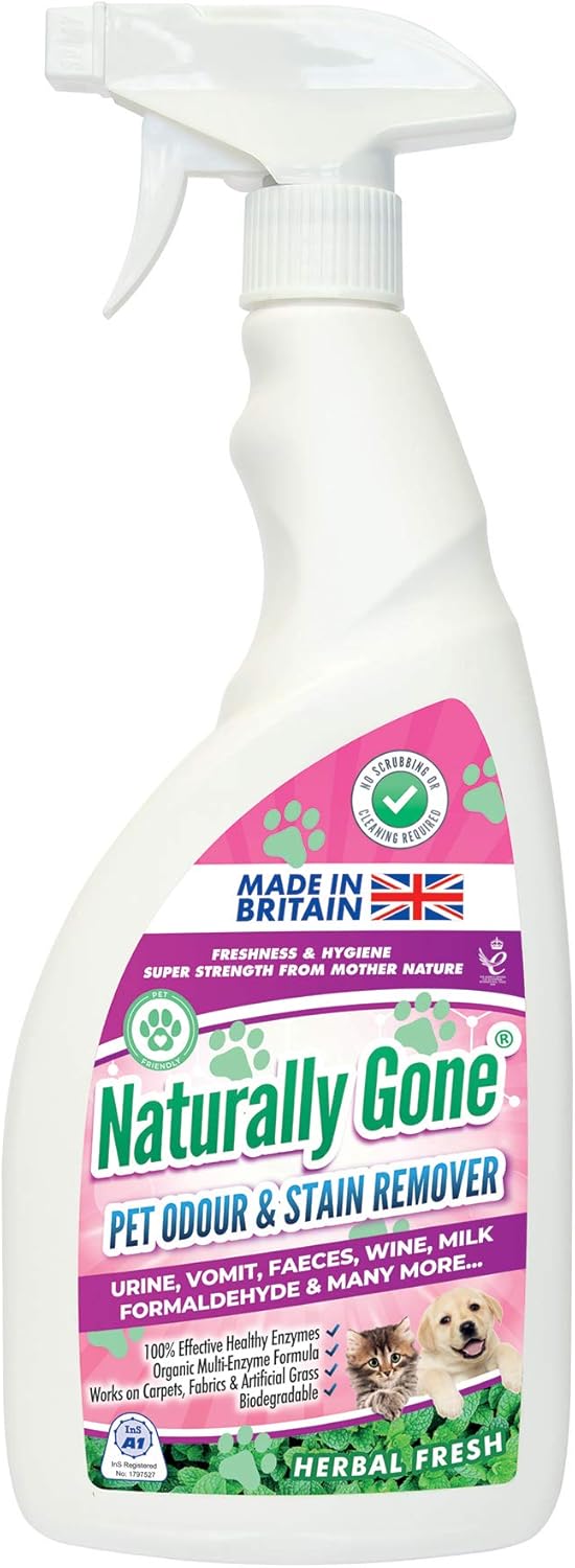 NATURALLY GONE Pet Odour Eliminator, Enzyme Cleaner Removes Smells and Stains, Cat Litter Freshener, Works on Urine, Vomit, Faeces and More - HERBAL FRESH Fragrance