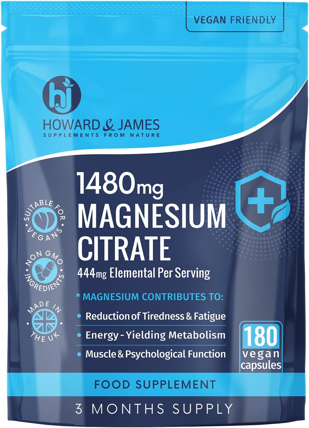 Magnesium Citrate 1480mg - 180 Vegan Capsules not Tablets - Providing 444mg Elemental Magnesium - 3 Month Supply - High Strength Supplements - Made in The UK by Howard & James