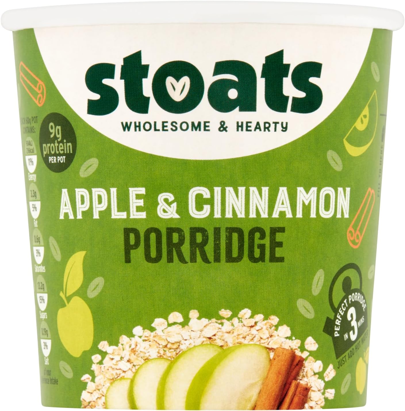 Stoats Apple & Cinnamon Porridge Pots – Made with Scottish Oats, Convenient Single-Serve 60g Pots, Great for Breakfast at Home or On-the-Go (Pack of 16)