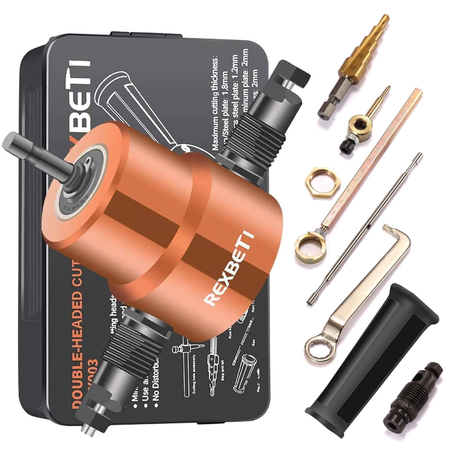 REXBETI Double Headed Sheet Metal Nibbler, Drill Attachment Metal Cutter with Extra Punch and Die, 1 Cutting Hole Accessory and 1 Step Drill Bit, Perfect for Straight Curve and Circle Cutting (Gold)