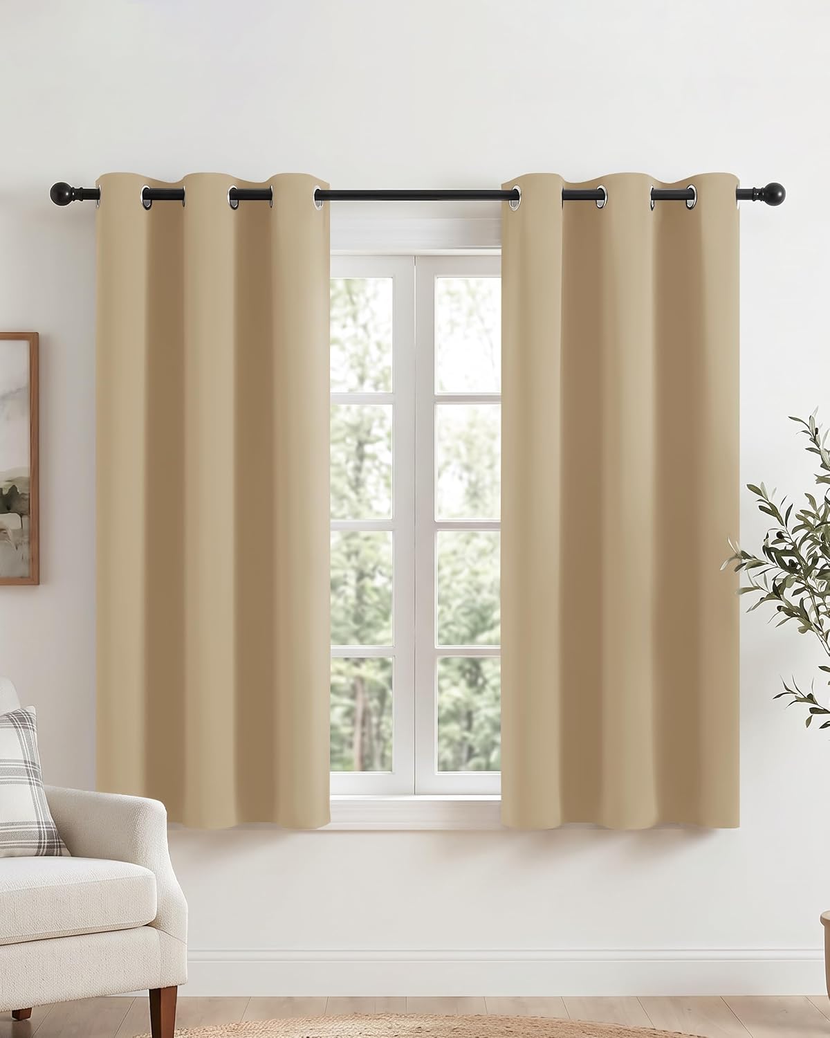 PONY DANCE Short Eyelet Kitchen Curtains Thermal Insulated Noise Reduce Privacy Curtains for Bedroom Home Decor, W 34" x L 45", 2 Panels, Biscotti Beige