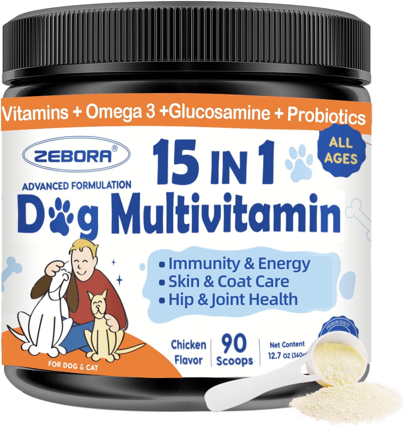 ZEBORA Dog Multivitamin Powder with Glucosamine, Dog Vitamins and Supplements for Immune Support, Skin and Coat Supplement with Omega 3 for Allergy Relief, Probiotics for Digestive & Gut Health