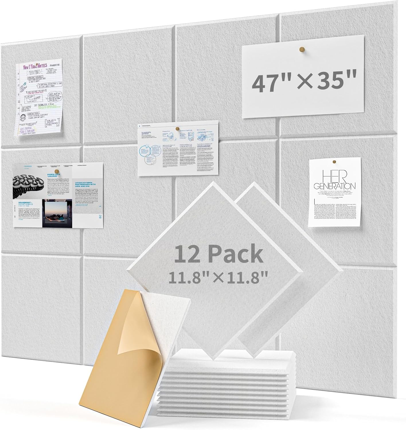 Soundsbay Large Cork Board, 120x90cm Felt Wall Tiles Self-Adhesive, 12 Pack Bulletin Board, Pin Board for Walls Office Home Classroom Decor