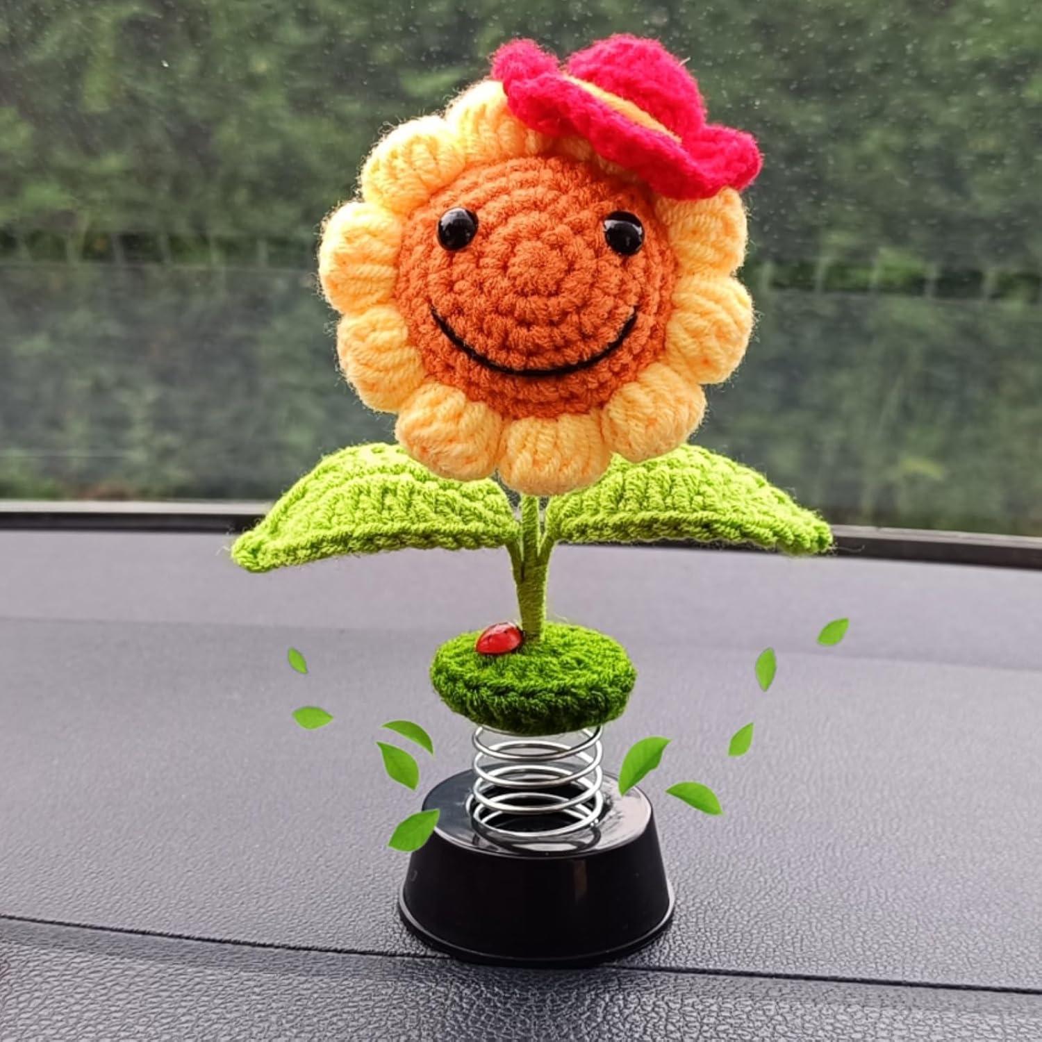 Levvohd Handmade Crochet Sunflower Car Dashboard Decorations Gifts for Women, Cute Sun Flower Hippie Car Bobblehead Dashboard Decor, Smiley Face Mini Sunflower Spring Desk Decorations