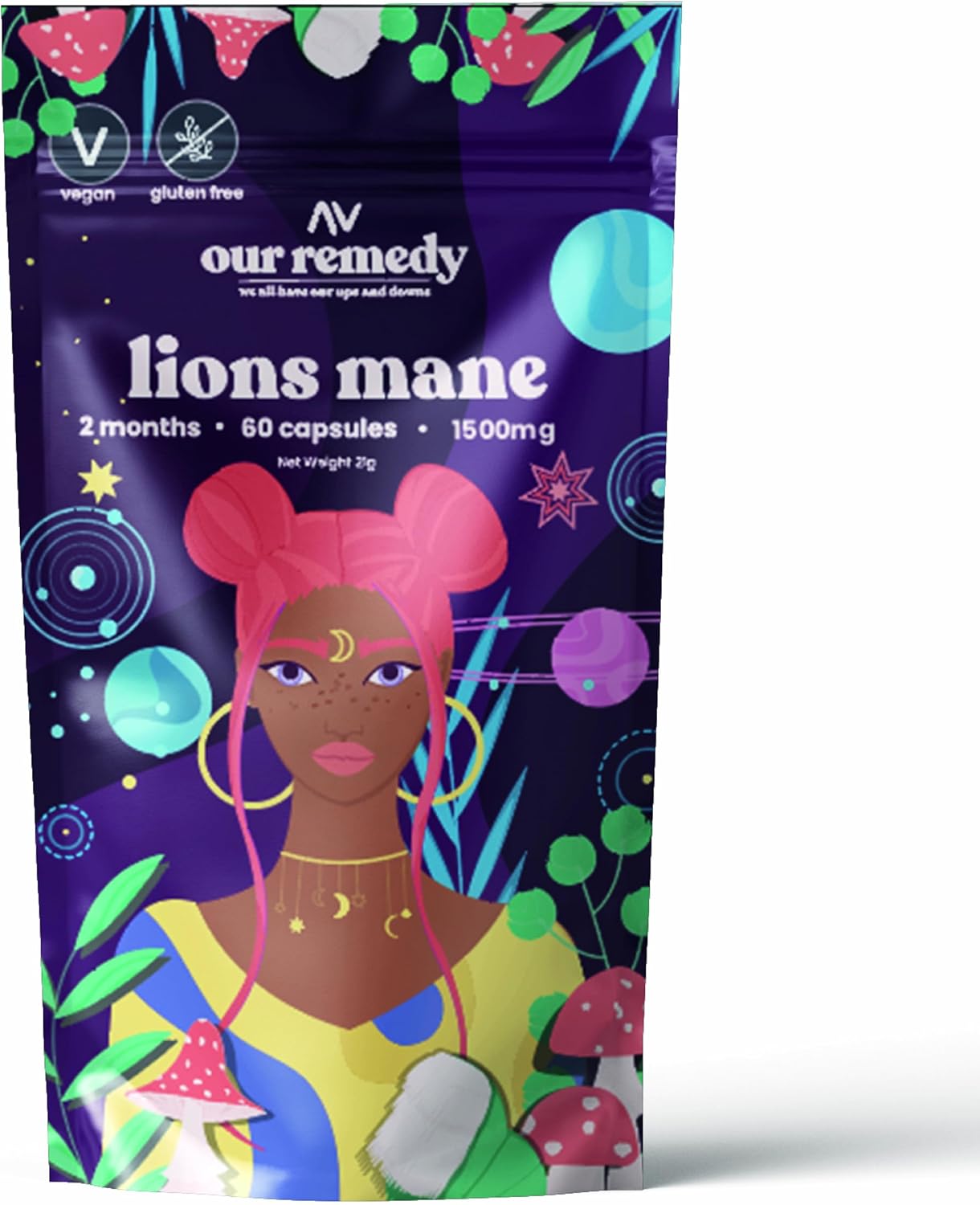 60-Count Lions Mane 1500mg Capsules — Two Month Supply of High-Strength Vegan, Non-GMO & Cruelty-Free Brain Support Supplements — Packed in Nature-Kind Convenient Bag Printed with Water-Based Ink