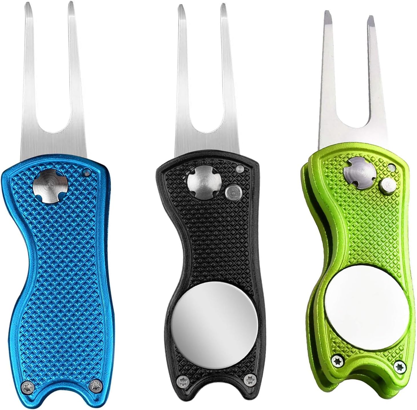 JYNARIX 3 PCS Golf Divot Repair Tool, Pitch Mark Repair Tool, Metal Foldable Golf Divot Tool with Popup Button Magnetic Ball Marker (Black, Blue, Green)