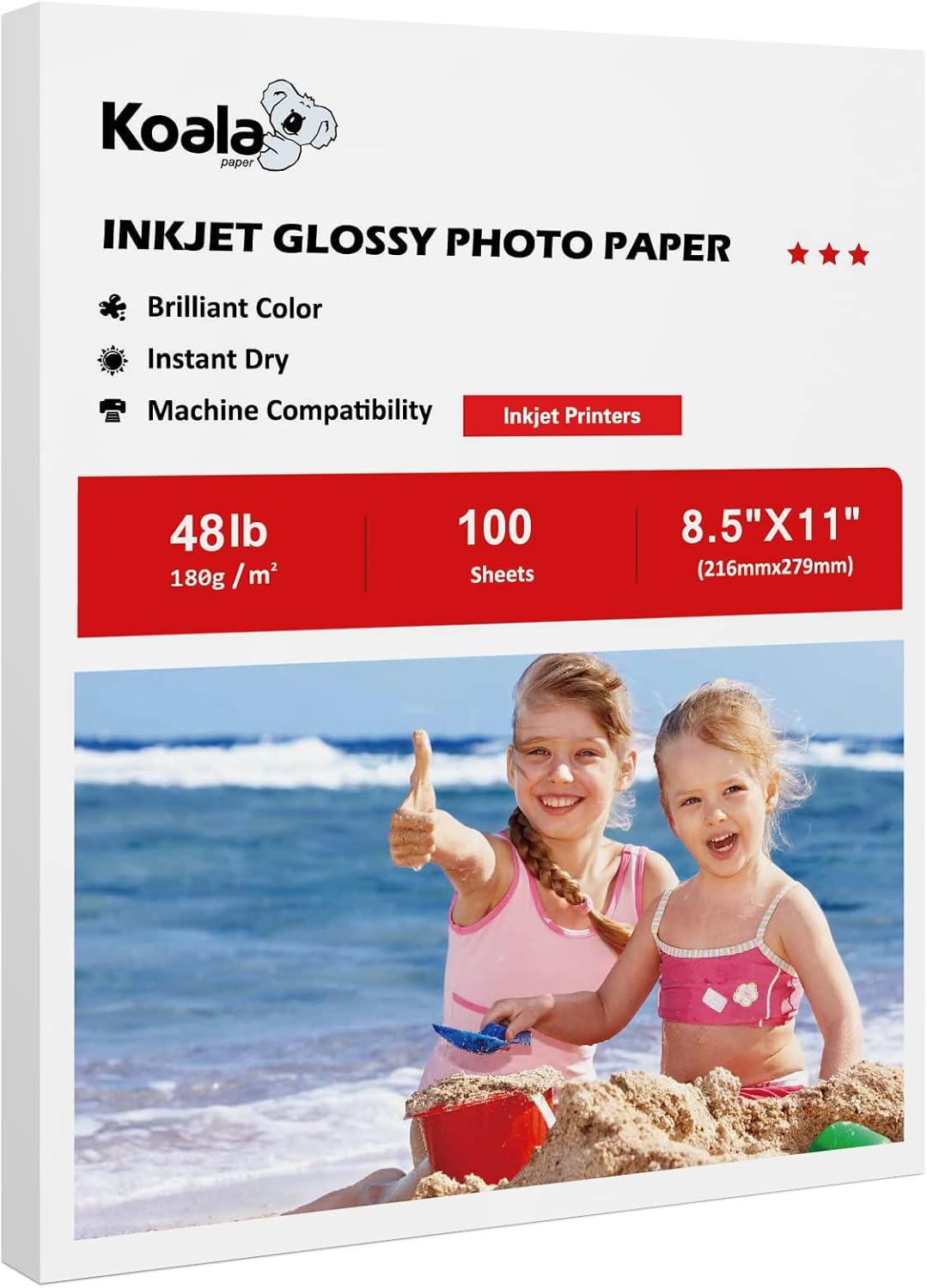 Koala Glossy Inkjet Photo Paper 8.5X11 Inches 48lb 100 Sheets Professional Glossy Photographic Paper Compatible with Inkjet Printer Use DYE INK 180GSM