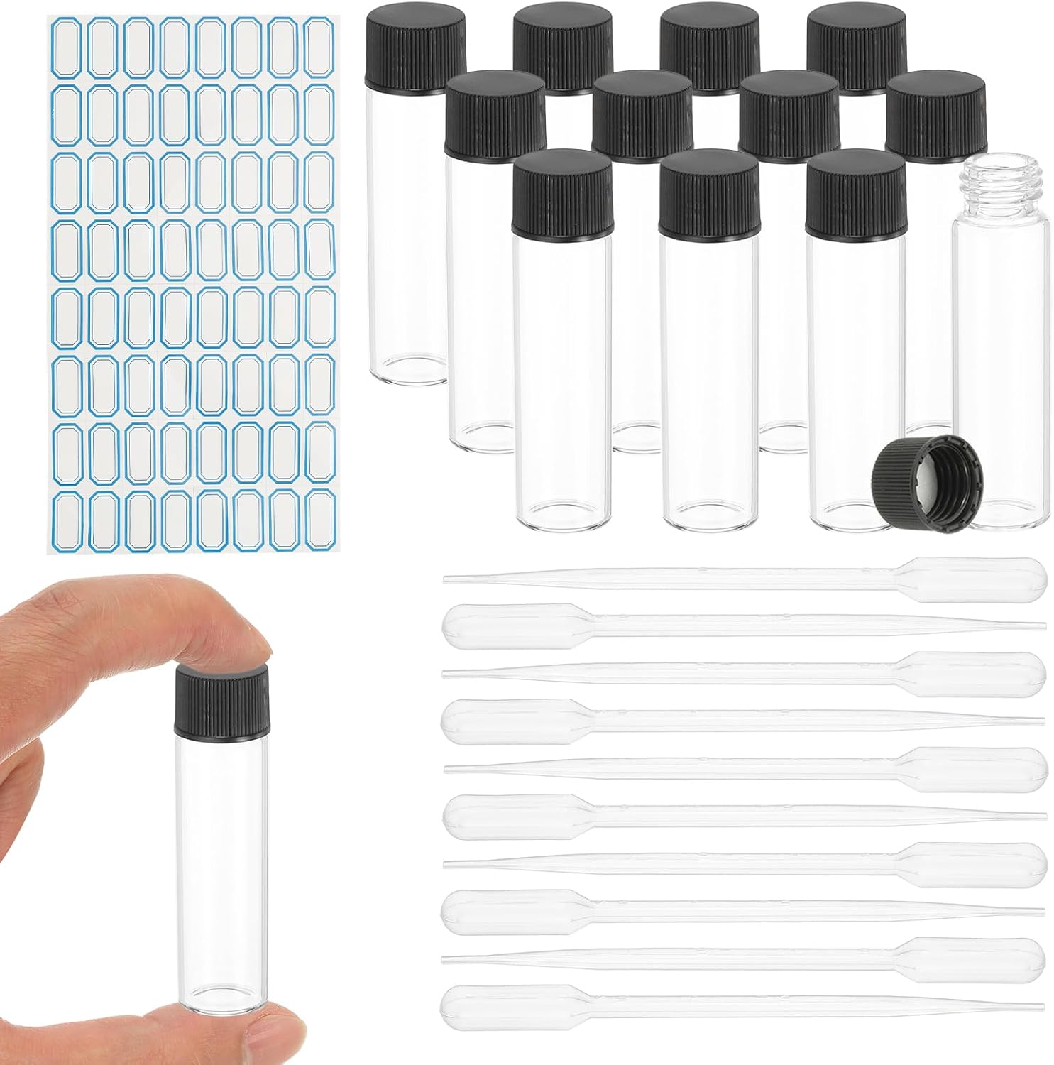 YOKIVE 12Pcs Glass Sample Vials, 12ml Clear Liquid Sample Vials Leak-Proof Storage Glass Bottles with Screw Caps Labels Droppers, Great for Lab, Essential Oil, Reagent (Clear)