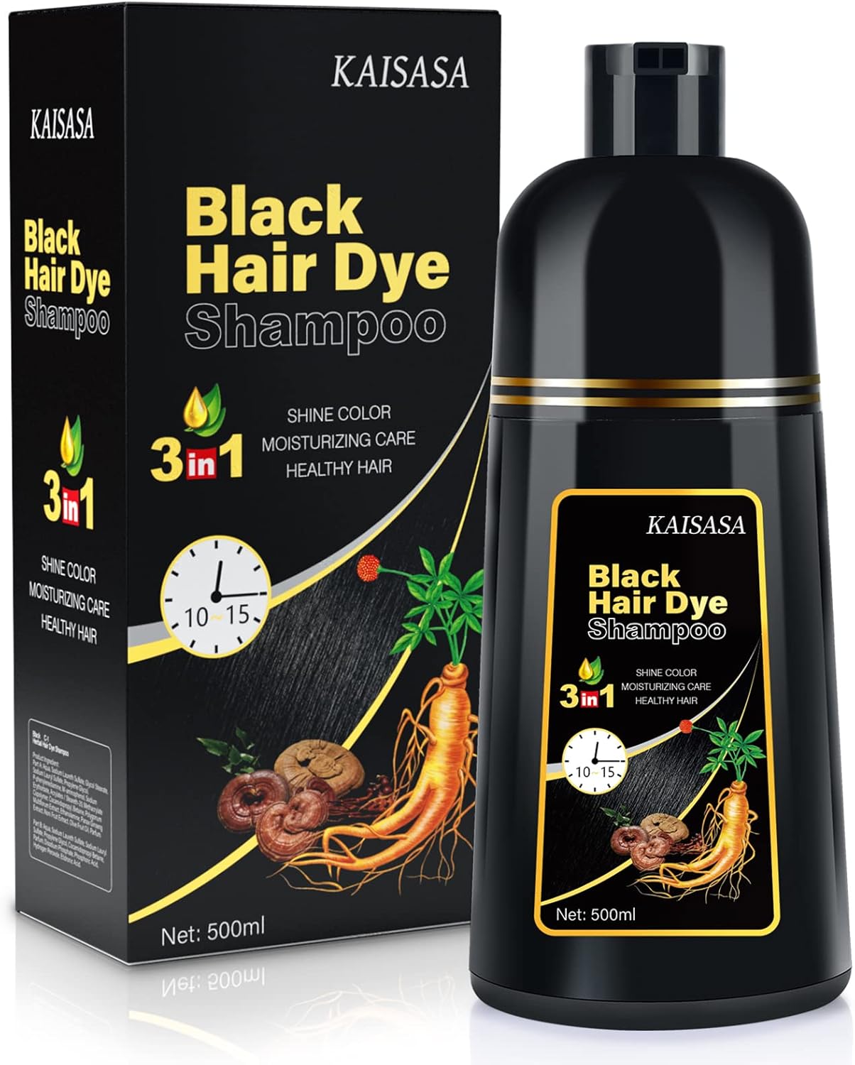Black Hair Dye Shampoo 3 in 1, Natural Hair Dye Semi Permanent Color, 100% Gray Hair Cover Up for Treated Color for Women and Men, 500ML