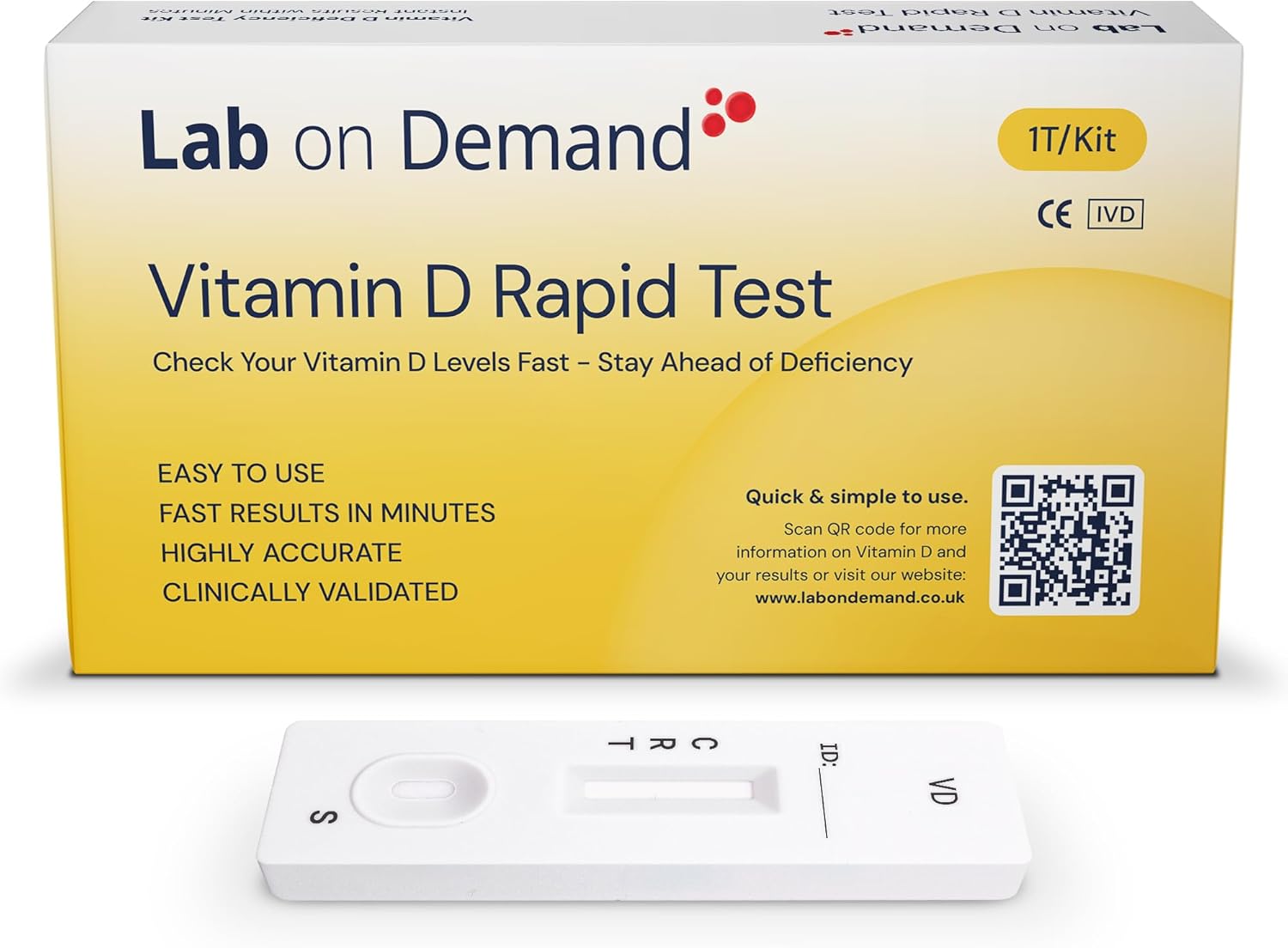 Lab on Demand Vitamin D Rapid Test 1T Pack - at-Home Vitamin D Deficiency Test Kit, Instant Results in Minutes - Clinically Approved, CE-Certified Quick and Accurate Home Testing Kits
