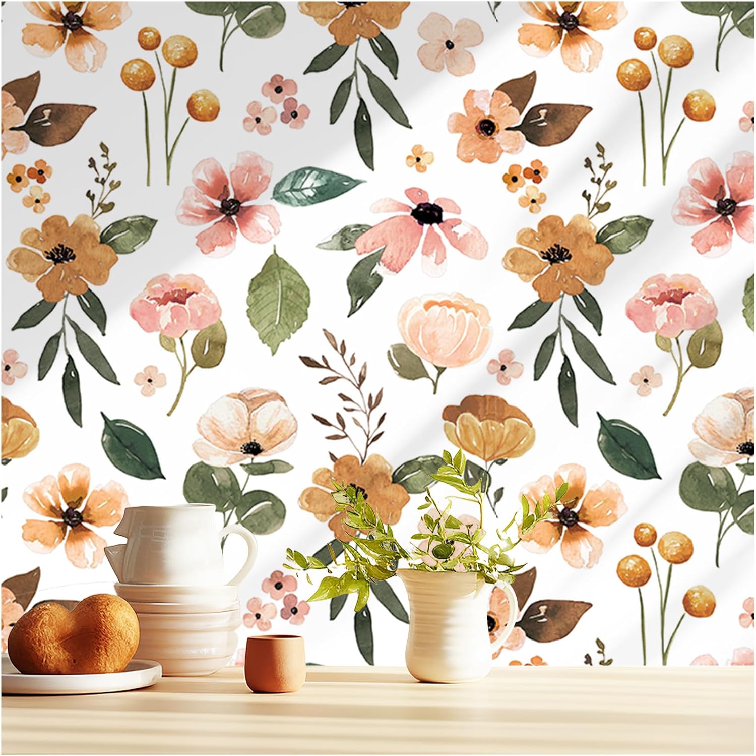 HAOKHOME 93246-2 Peel and Stick Wallpaper Floral White/Yellow/Green Textured Removable Contact Paper for Bedroom Bathroom 17.7in x 9.8ft
