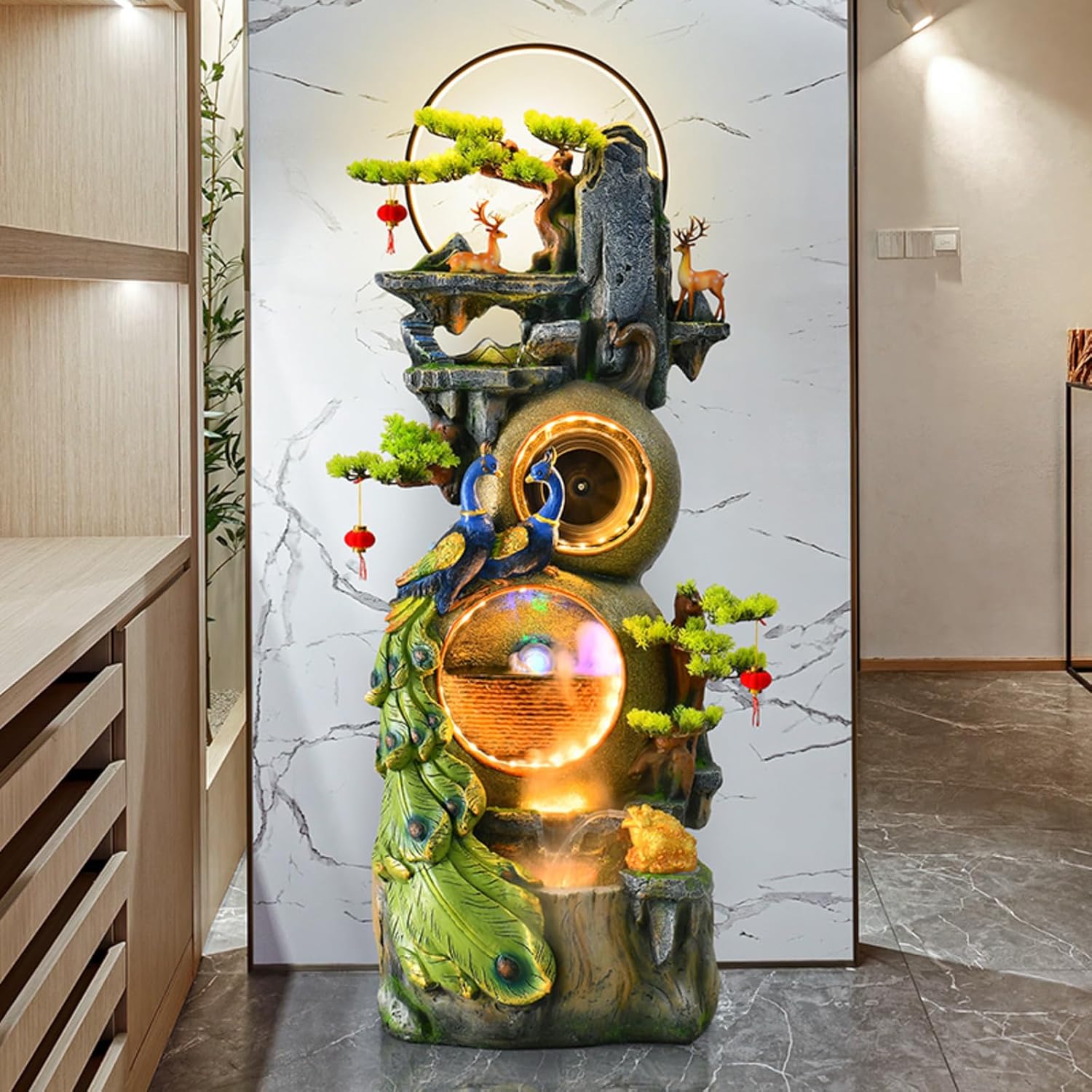 Indoor Decorative Nature Fountain with Deer and Peacock Figures (S)(Small)