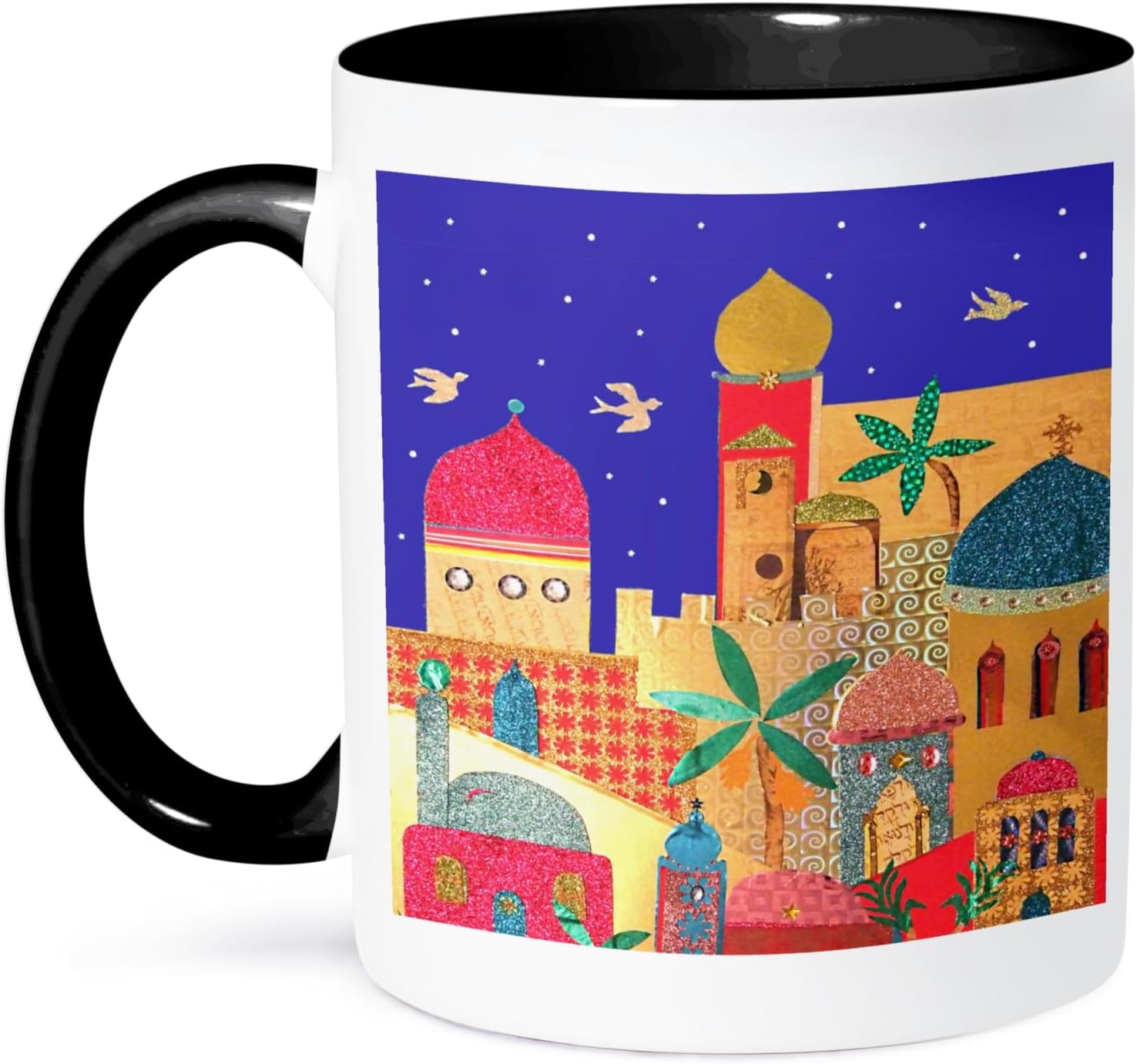 3dRose 3dRose Jerusalem city gold domes Islamic architecture art colorful arty buildings - Jewish Israel Judaica - Two Tone Black Mug, 11oz , , Black/White