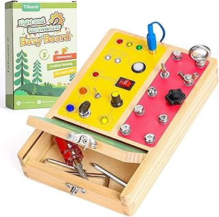 Tilhumt 2 in 1 Busy Board, Montessori Screwdriver Board Set with 6 LED Light Switch for Toddlers, Montessori Switch Board with Storage Box for Tools, Educational Travel Toys for Kids 3 4 5 Year Old