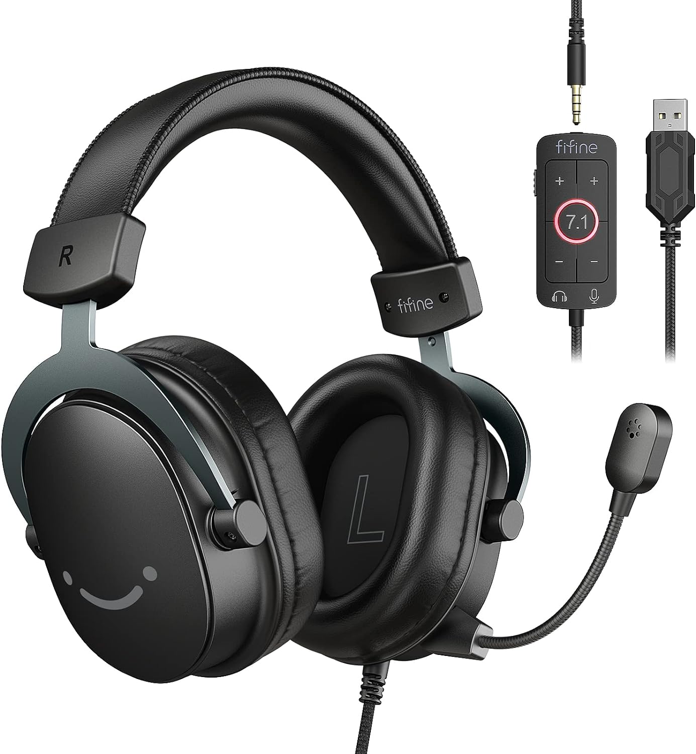 FIFINE Wired Gaming Headset, USB Headphone with 7.1 Surround Sound, Detachable Microphone, Control Box, 3.5mm Headphones Jack, Over-Ear Headset for PC/PS5/Xbox/Switch, Black-AmpliGame H9