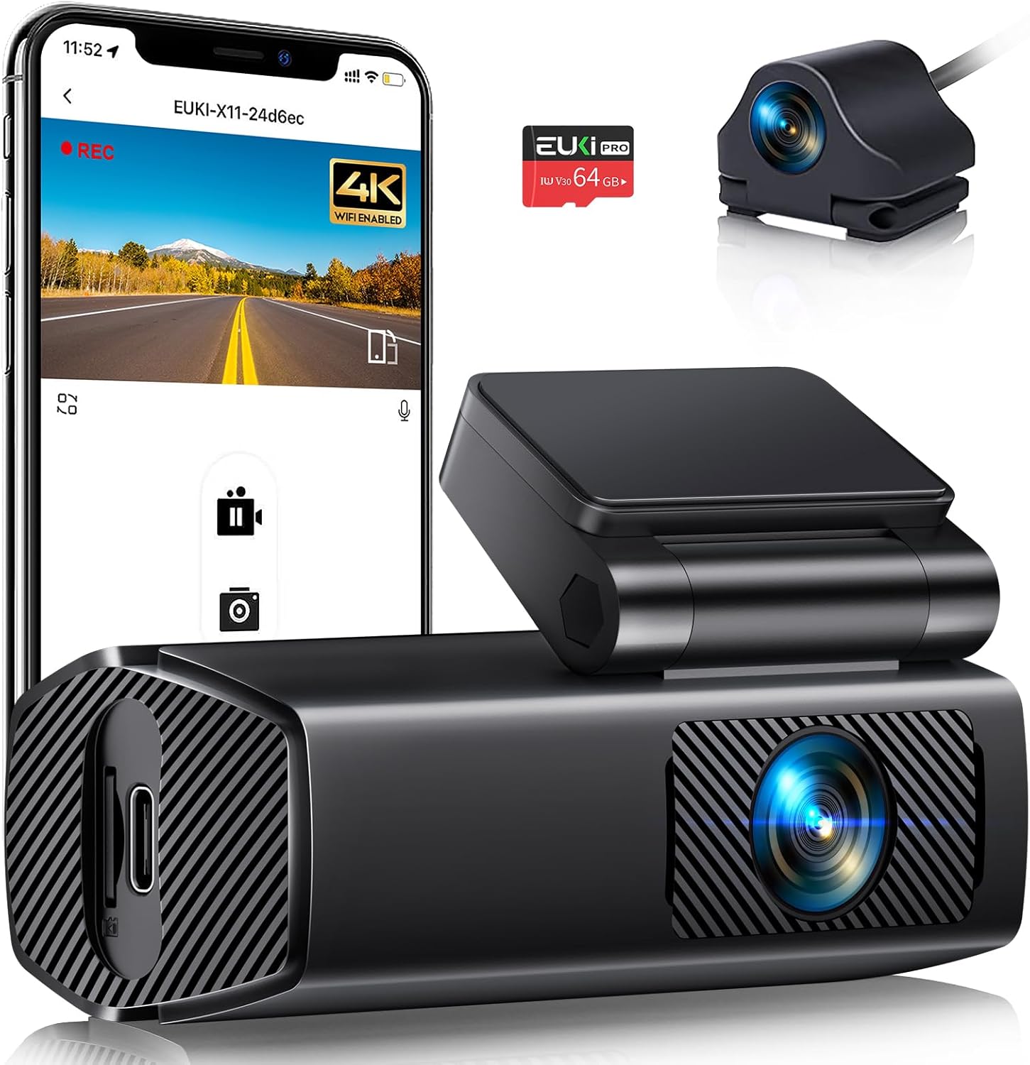 EUKI 4K Dash Cam Front and Rear with WiFi, Dual Dashcam, Car Camera with Parking Monitor, Night Vision, WDR, G-Sensor, Loop Recording, App Control,24 hour Parking Mode, 64GB SD Card Included