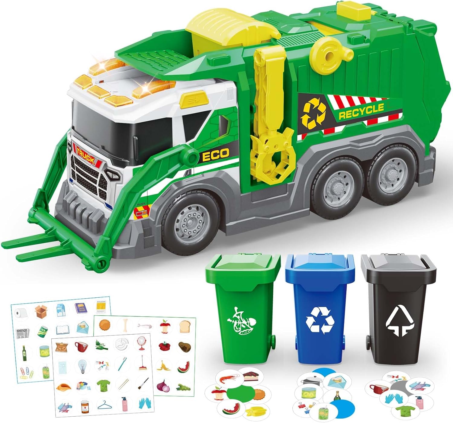 Garbage Truck Toys for Kids 3 4 5 6 7 8 Years Old Boys Toy Trucks Set with Sound and Light,Toddlers Birthday Gifts for Boys & Girls Learning Toys,Includes 3 Trash Bins with Trash Cards