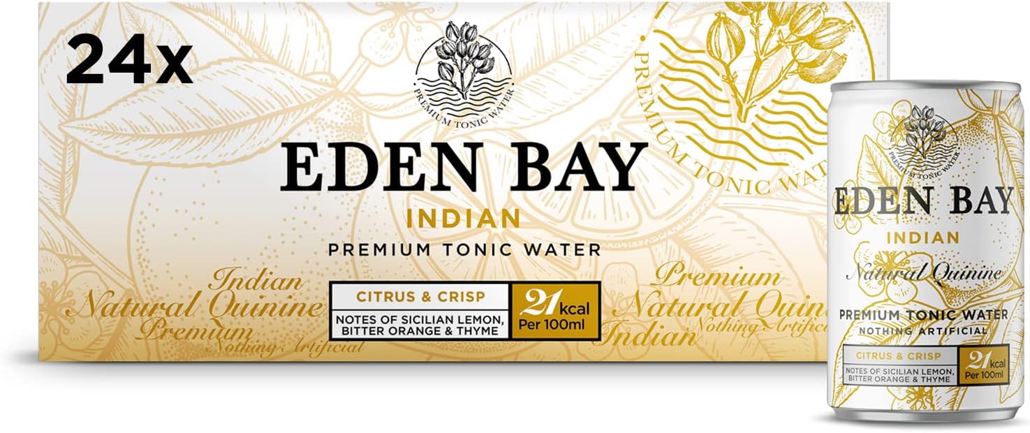 Eden Bay Premium Indian Tonic Water | 24 x 150ml cans | Great Taste | Low Calorie Perfect Mixer | 100% Natural Ingredients | Premium Gin and Tonic Mixer