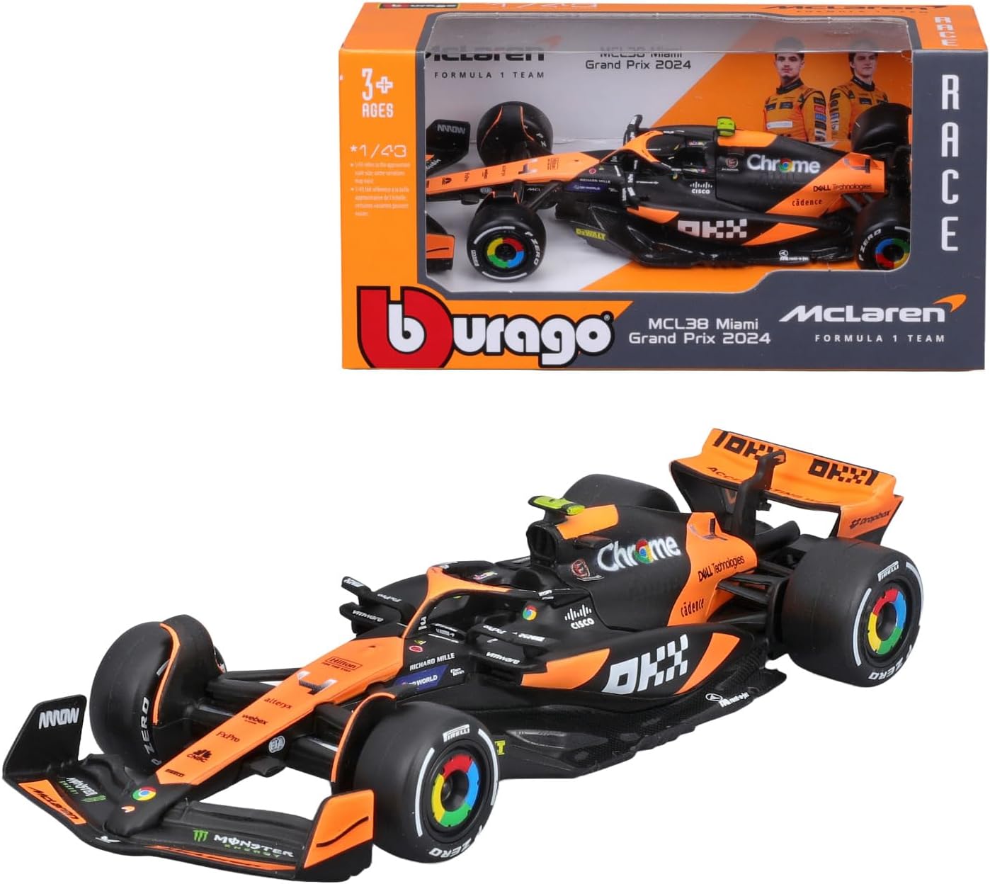 HTLNUZD Bburago 1:43 2024 New F1 Mclaren MCL38#4 Lando Norris - Miami Edition Alloy Racing Car 1/43 Formula One Model Car Die Cast Adult Collection Vehicles Gift (Color box version)