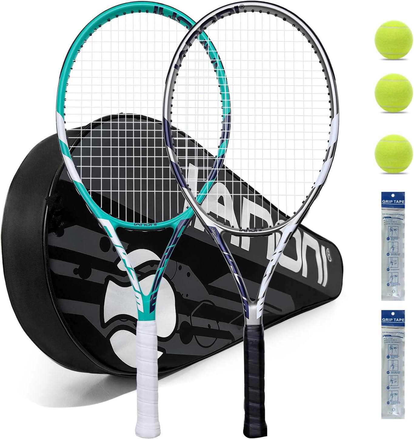 Tennis Rackets for Adults, Pre-Strung 27 Inch Tennis Racquets-2 Player Tennis Racket Set with 3 Balls,2 Grips, 2 Vibration Dampers
