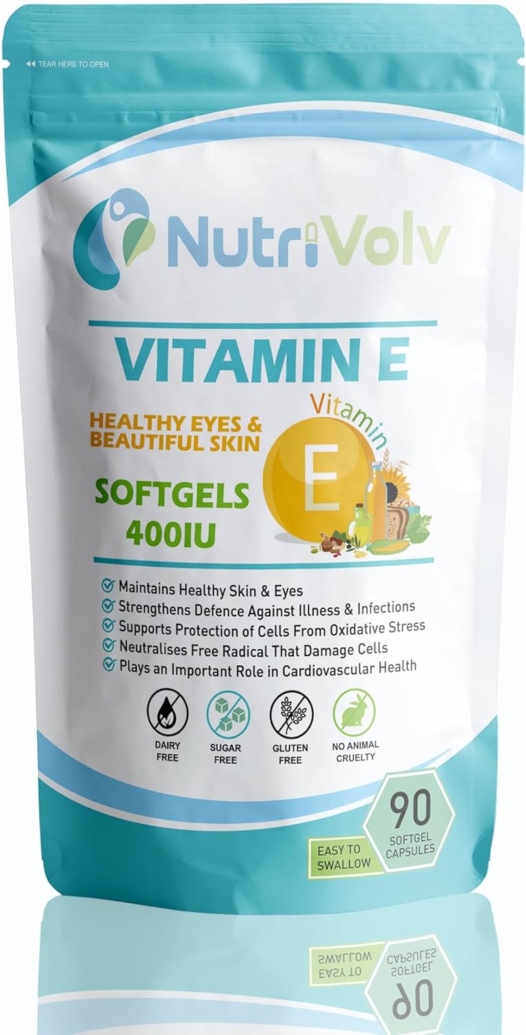 Nutrivolv Vitamin E 400IU - 90 Softgels | Antioxidant Supplement for Skin Support & Cell Protection | Helps Reduce Oxidative Stress, Promotes Healthy Skin & Immune Support